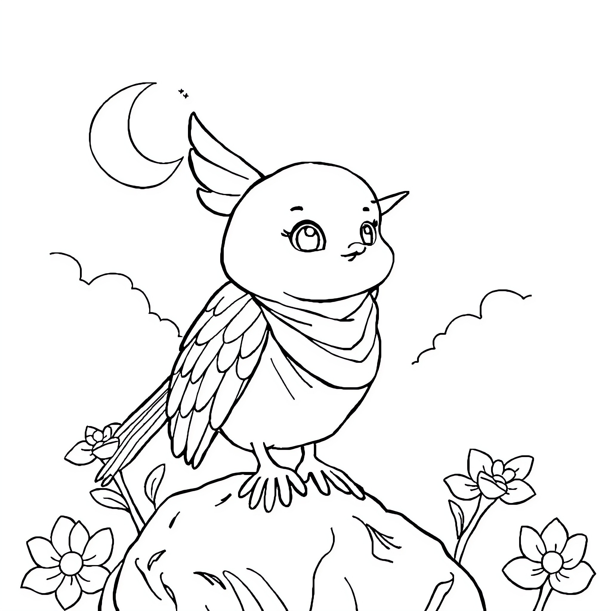Skateboarder owl soaring through whimsical night landscape Coloring Page (free black-and-white line drawing printable PDF for all, from beginners to advanced learners, including children, teens, adults, and seniors)
