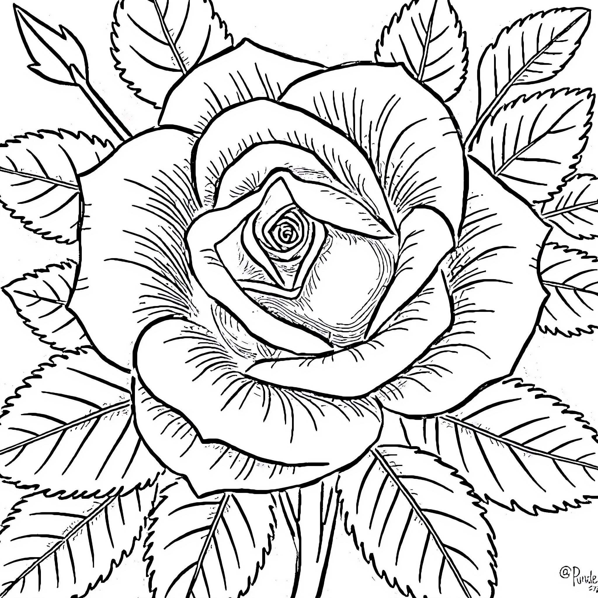 Rose in Detailed Floral Arrangement Coloring Page (free black-and-white line drawing printable PDF for all, from beginners to advanced learners, including children, teens, adults, and seniors)