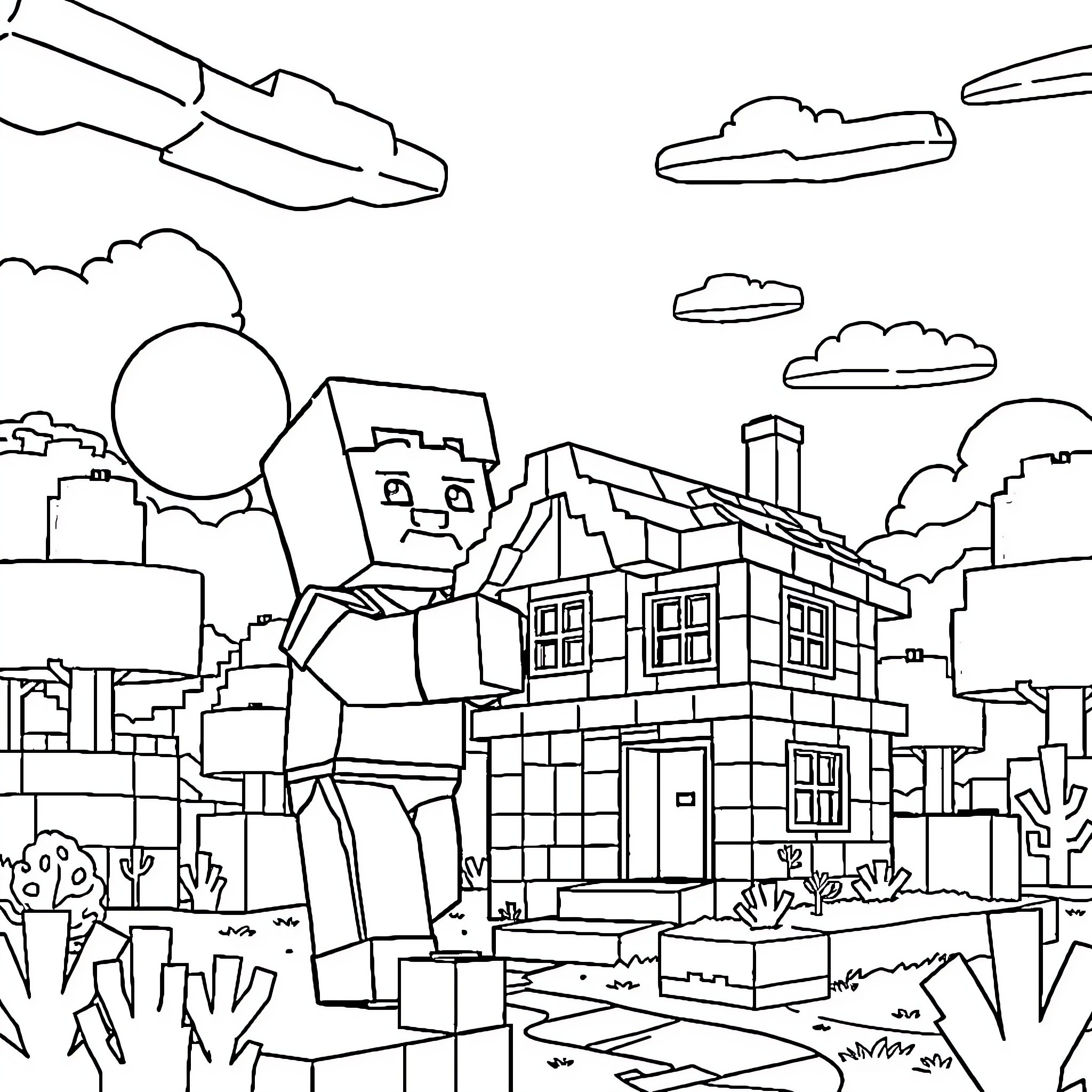 Steve's Minecraft Adventure in the Blocky Landscape Coloring Page (free black-and-white line drawing printable PDF for all, from beginners to advanced learners, including children, teens, adults, and seniors)