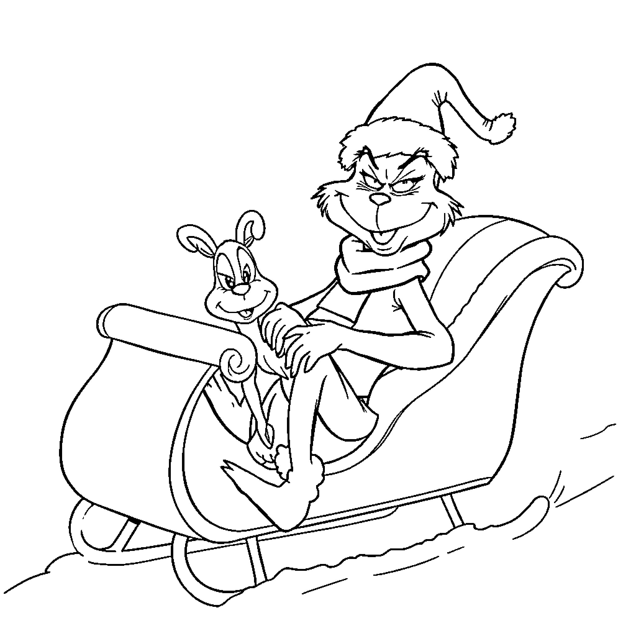 Grinch riding a sleigh with a rabbit Coloring Page (free black-and-white line drawing printable PDF for all, from beginners to advanced learners, including children, teens, adults, and seniors)