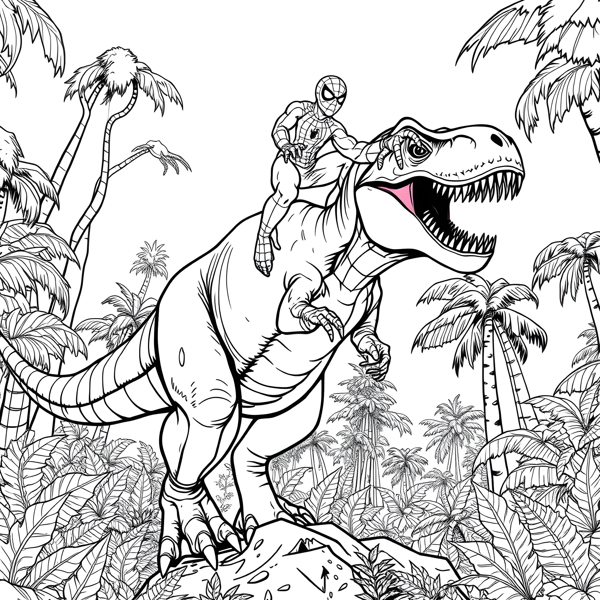 Spiderman riding a Tyrannosaurus Rex in a jungle setting Coloring Page (free black-and-white line drawing printable PDF for all, from beginners to advanced learners, including children, teens, adults, and seniors)