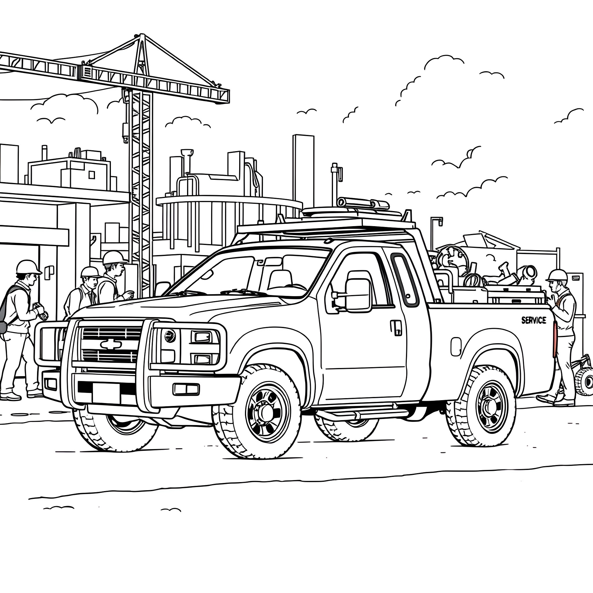 Pickup truck on construction site Coloring Page (free black-and-white line drawing printable PDF for all, from beginners to advanced learners, including children, teens, adults, and seniors)