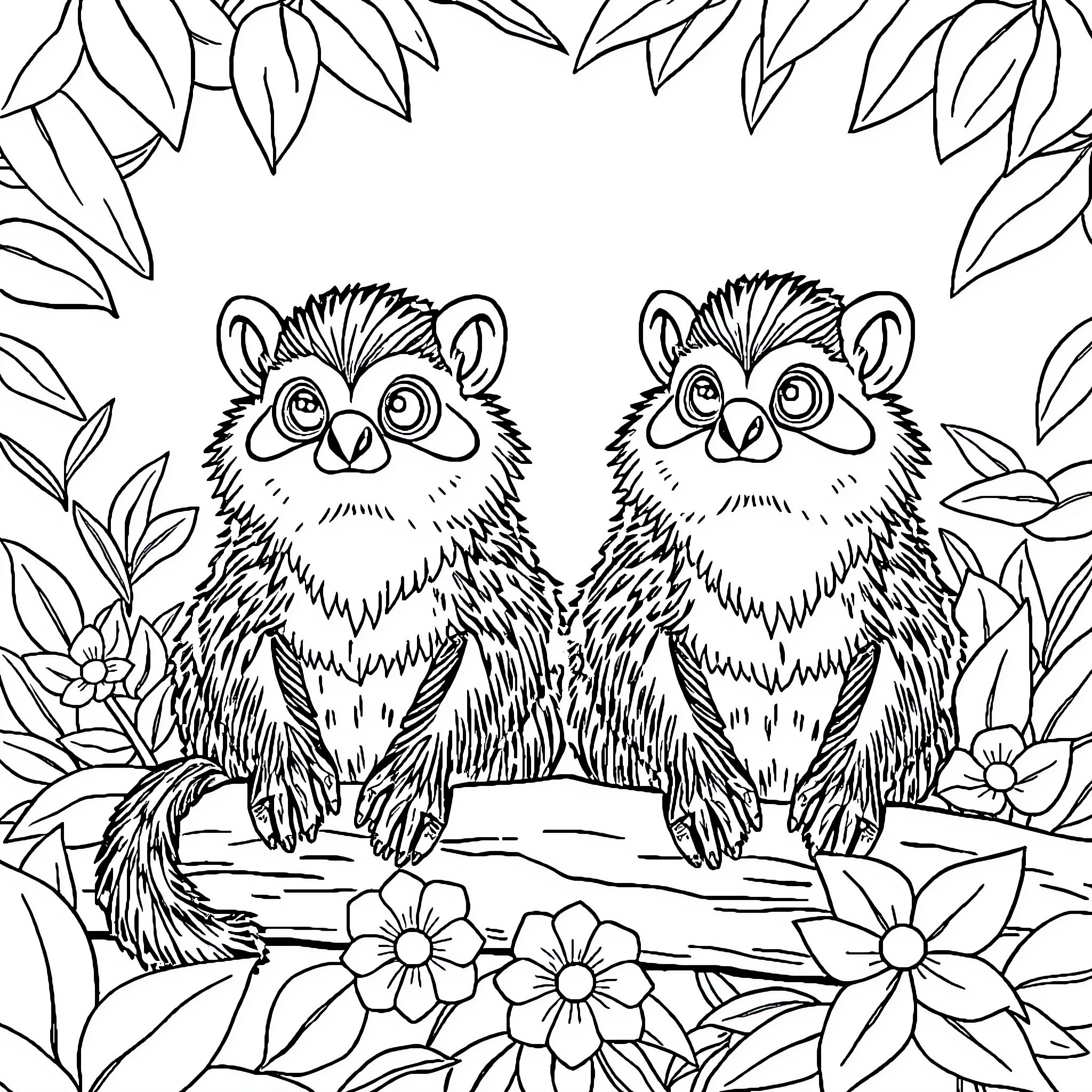 Teddy Bear Duo Amid Floral Foliage Coloring Page (free black-and-white line drawing printable PDF for all, from beginners to advanced learners, including children, teens, adults, and seniors)