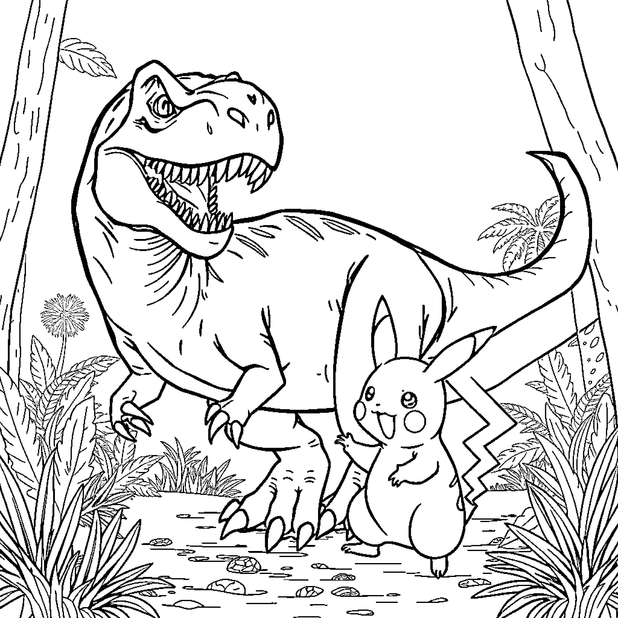 Dinosaur and Pikachu exploring the forest Coloring Page (free black-and-white line drawing printable PDF for all, from beginners to advanced learners, including children, teens, adults, and seniors)