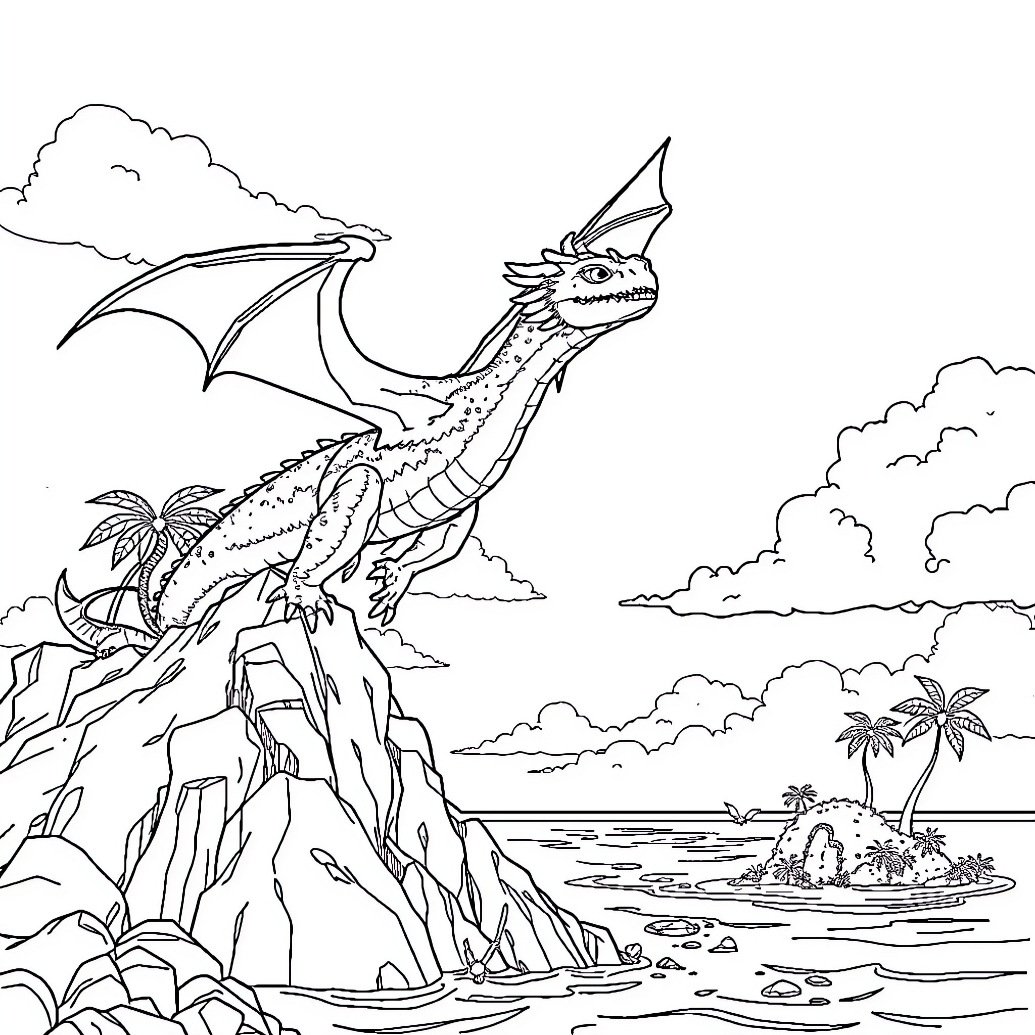 Dragon overlooking tropical island landscape Coloring Page (free black-and-white line drawing printable PDF for all, from beginners to advanced learners, including children, teens, adults, and seniors)