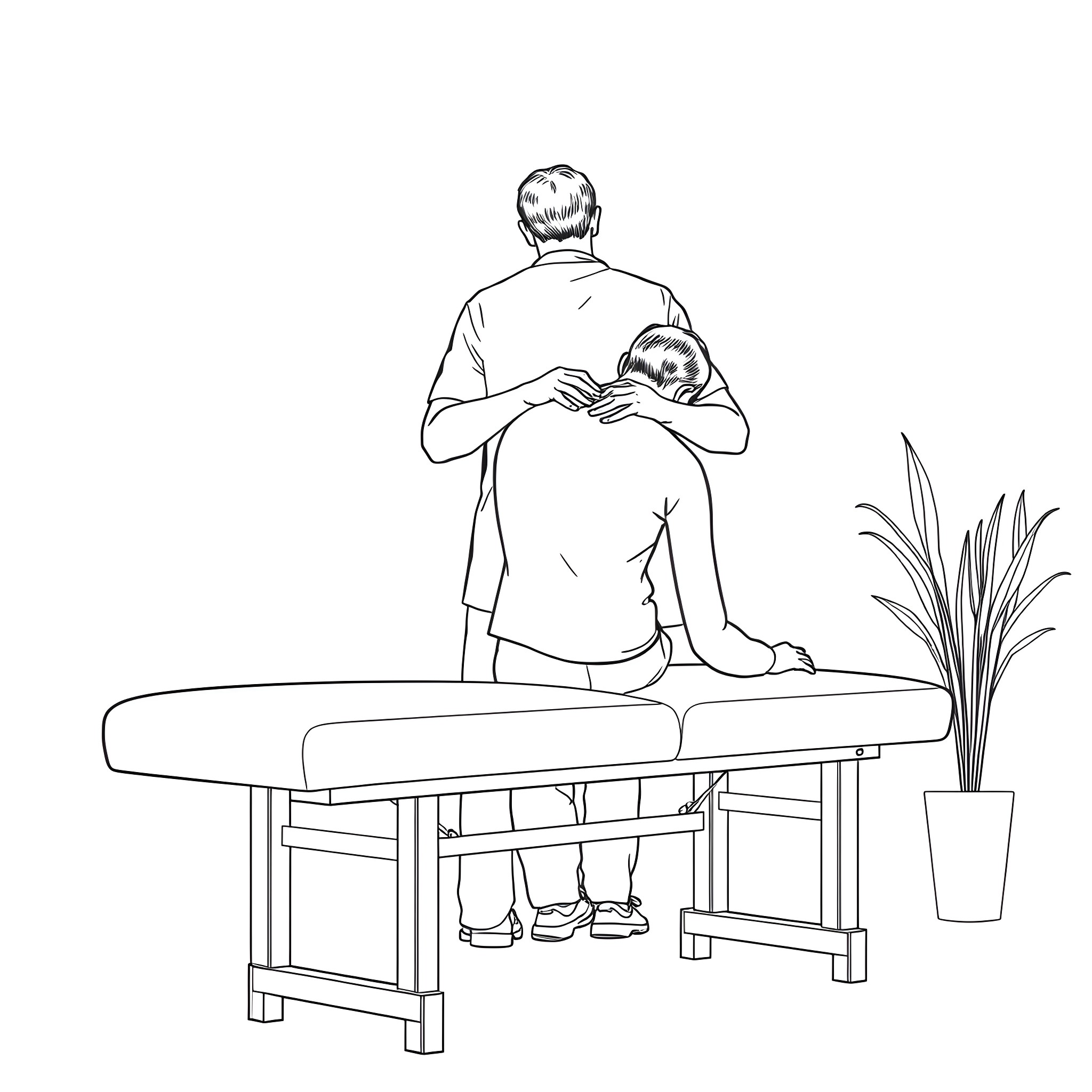 Chiropractor examining patient on treatment table Coloring Page (free black-and-white line drawing printable PDF for all, from beginners to advanced learners, including children, teens, adults, and seniors)
