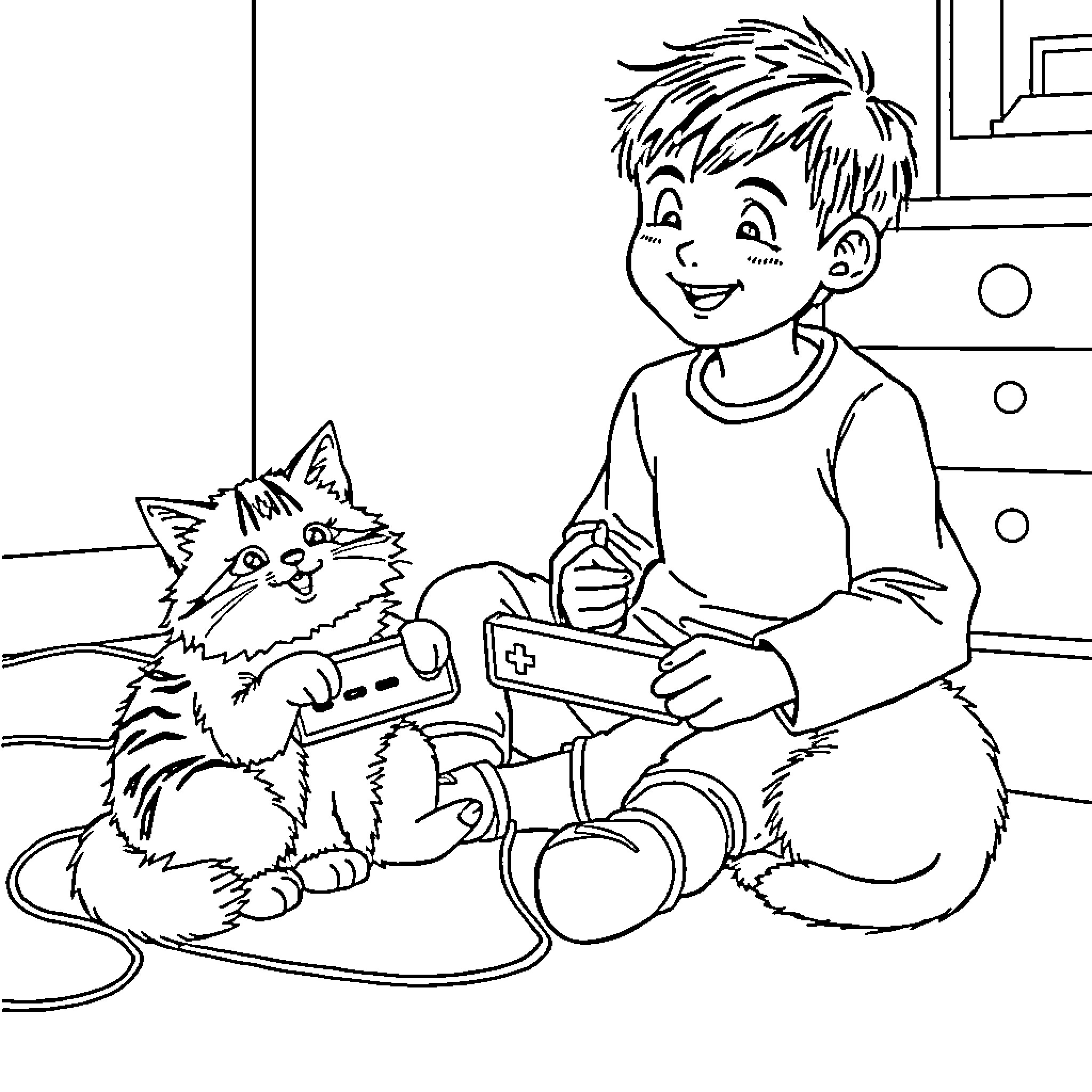 Boy playing video game with his pet cat Coloring Page (free black-and-white line drawing printable PDF for all, from beginners to advanced learners, including children, teens, adults, and seniors)