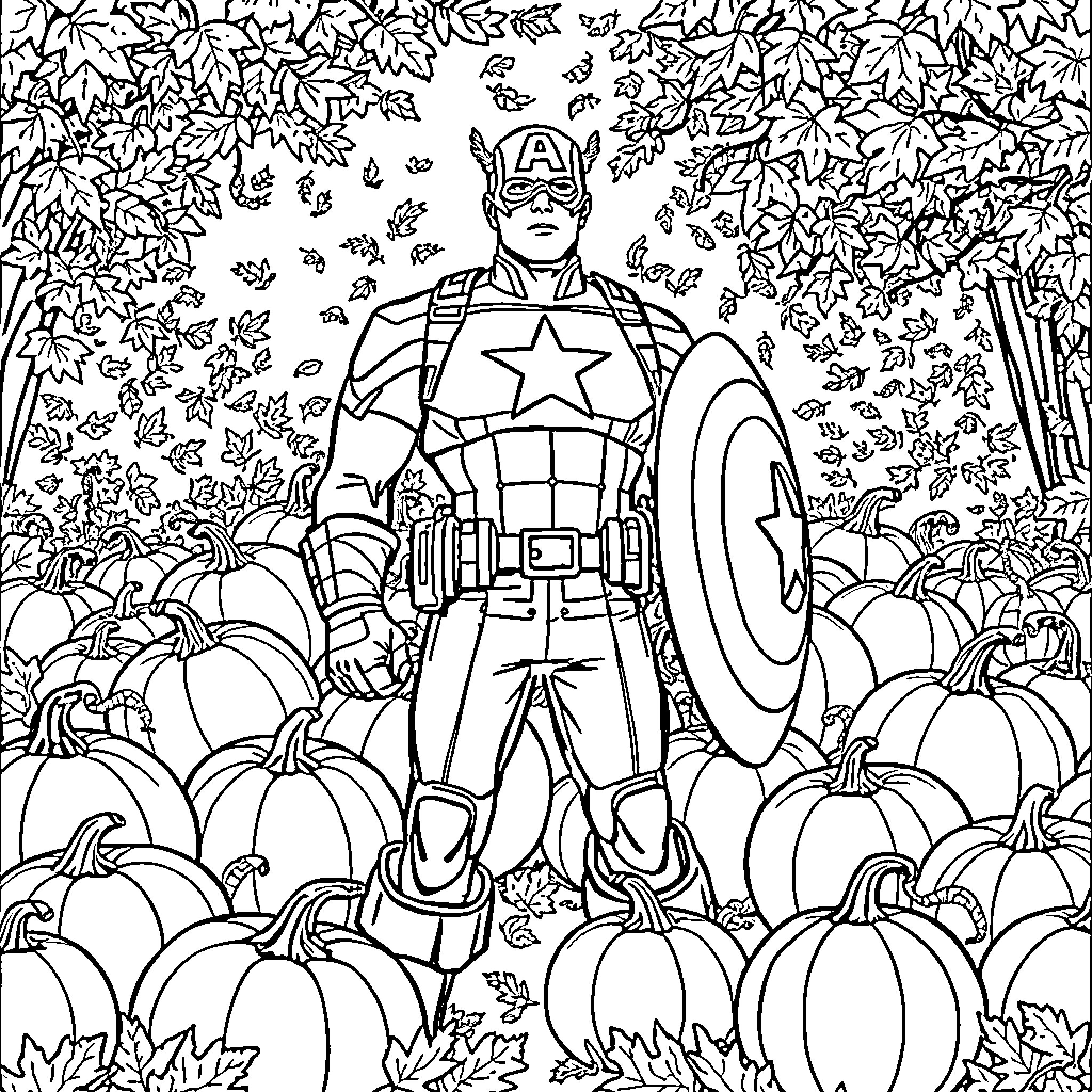 Captain America Autumn Leaves Adventure Coloring Page (free black-and-white line drawing printable PDF for all, from beginners to advanced learners, including children, teens, adults, and seniors)
