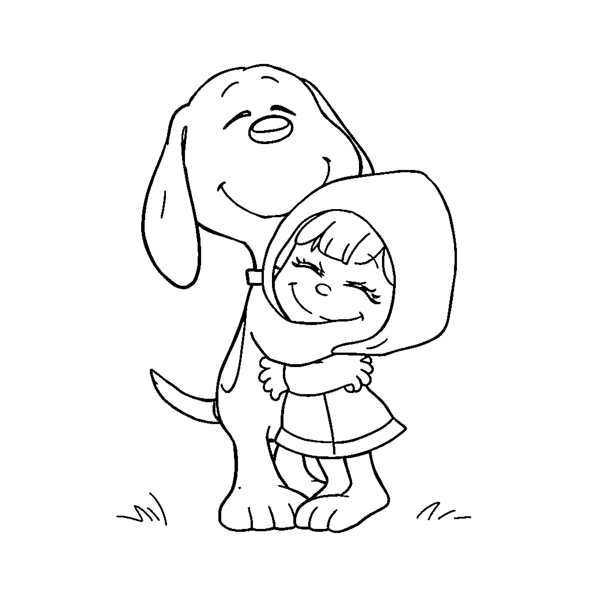 Snoopy and child playing together happily Coloring Page (free black-and-white line drawing printable PDF for all, from beginners to advanced learners, including children, teens, adults, and seniors)