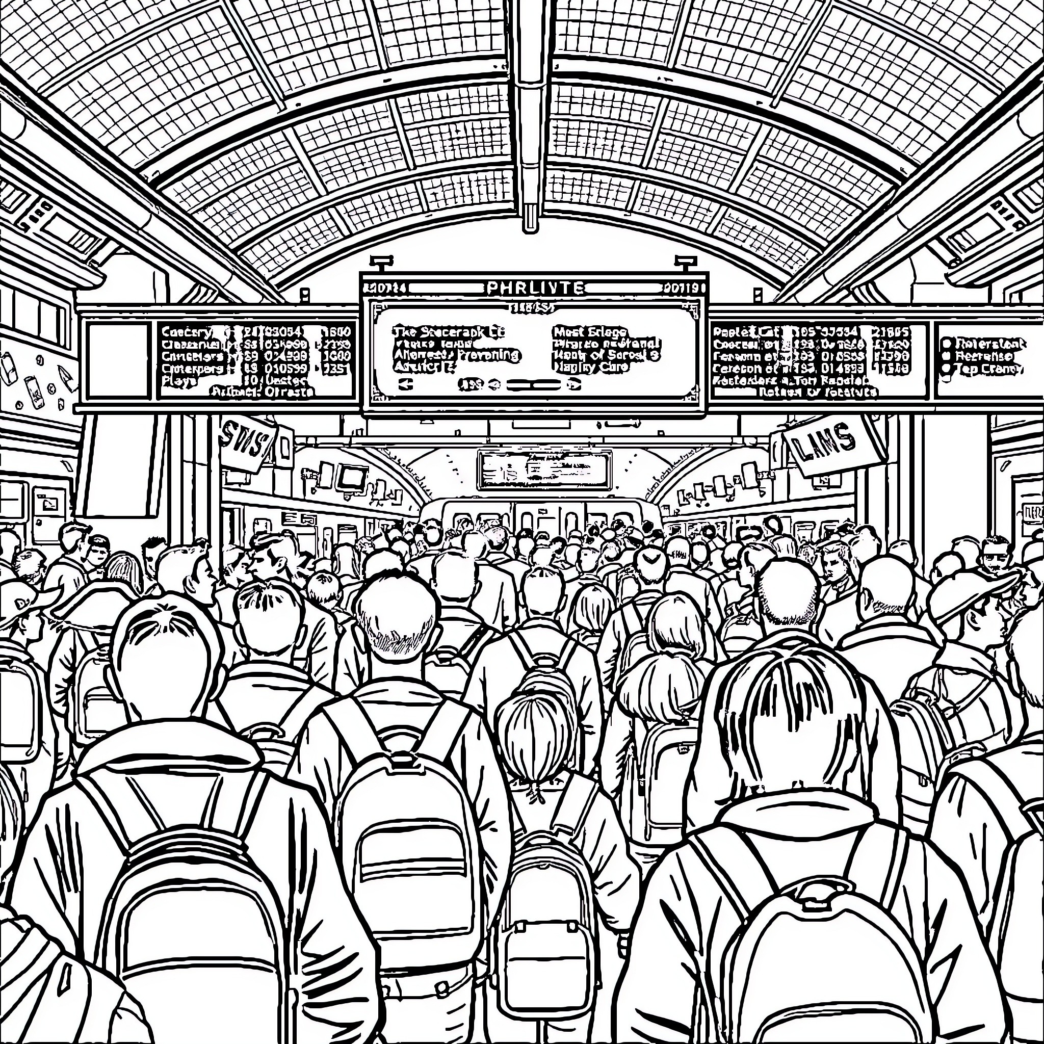 THR Commuters in a Crowded Transportation Hub Coloring Page (free black-and-white line drawing printable PDF for all, from beginners to advanced learners, including children, teens, adults, and seniors)