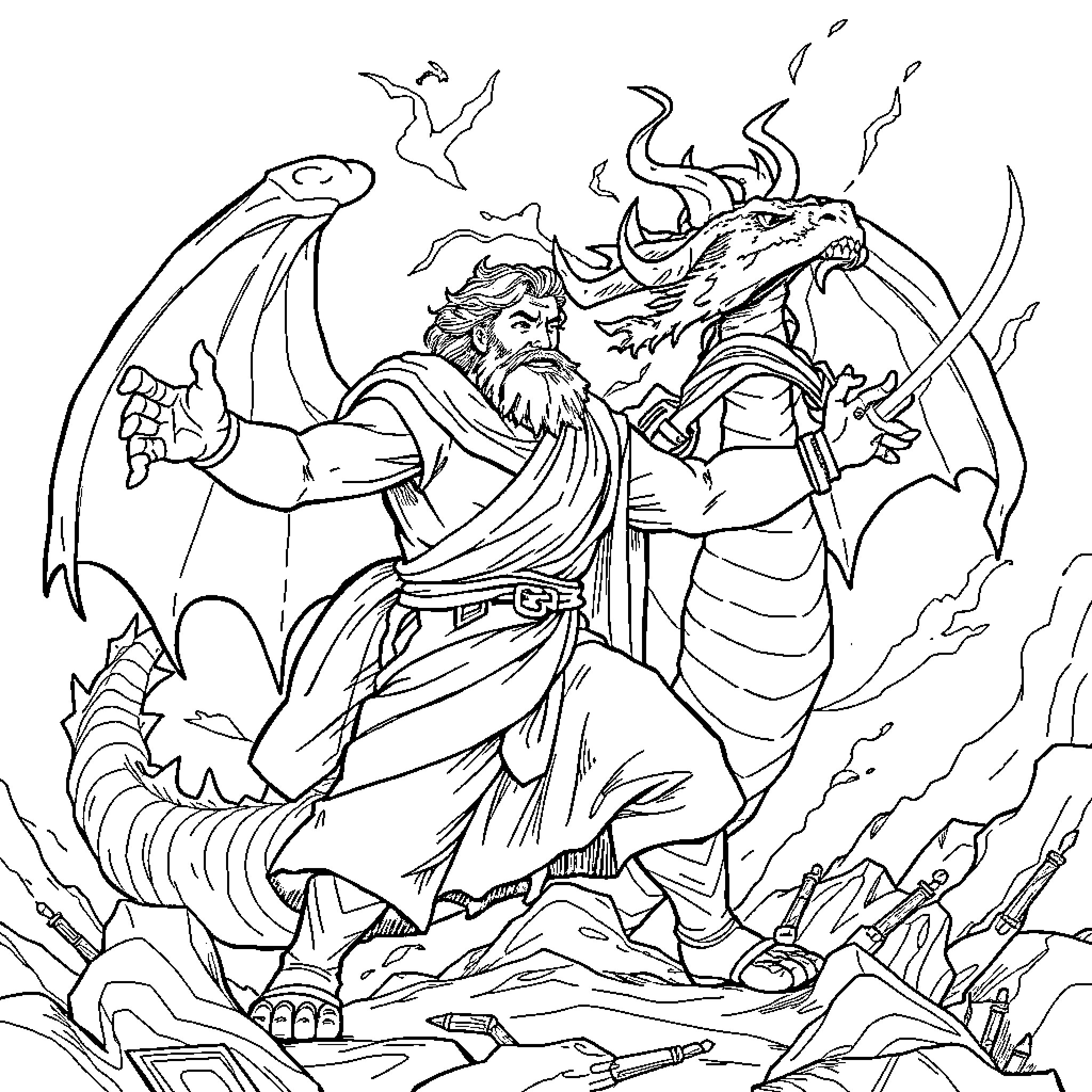 Man battling fierce dragons in a fantastical scene Coloring Page (free black-and-white line drawing printable PDF for all, from beginners to advanced learners, including children, teens, adults, and seniors)
