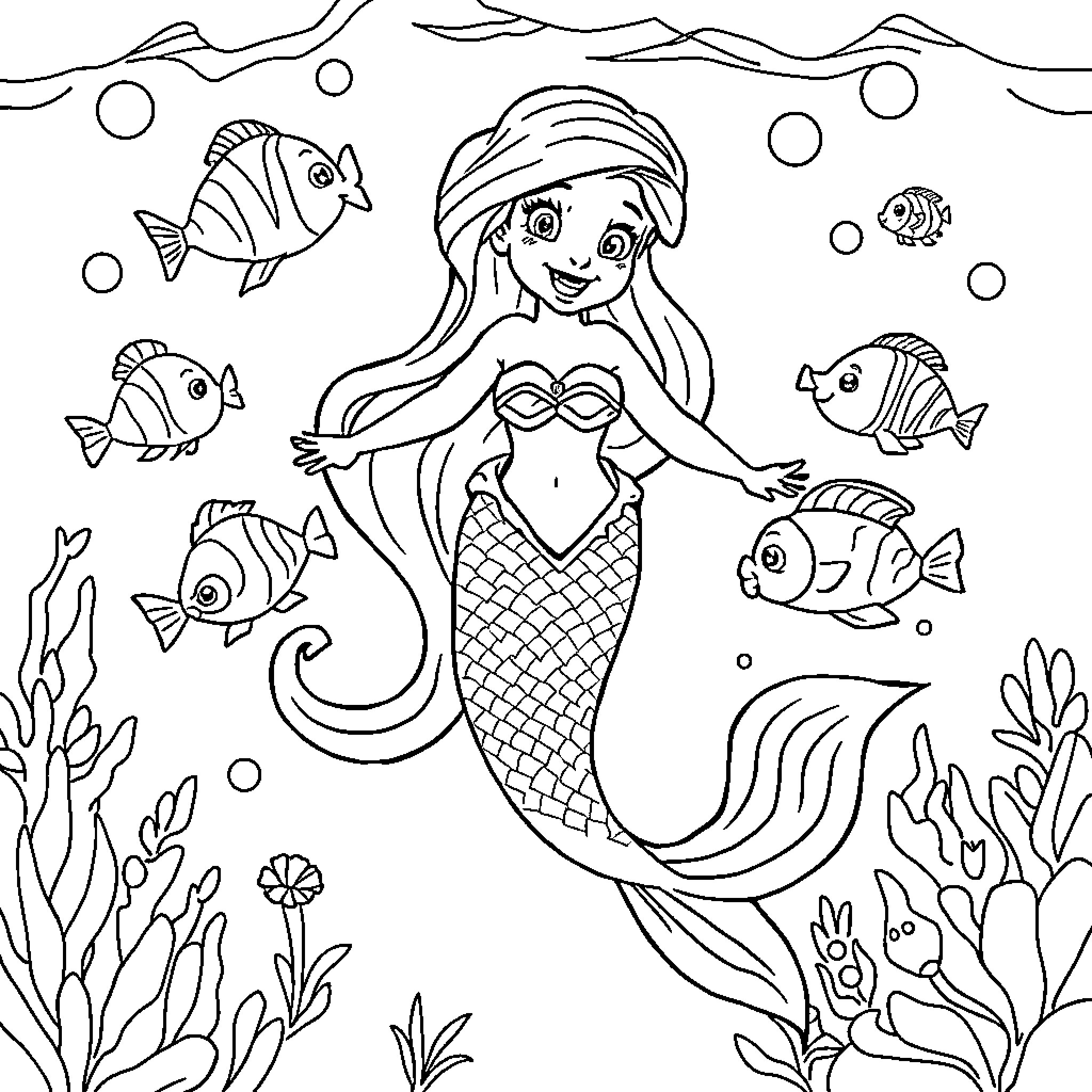 Ariel's Underwater Adventure with Ocean Friends Coloring Page (free black-and-white line drawing printable PDF for all, from beginners to advanced learners, including children, teens, adults, and seniors)