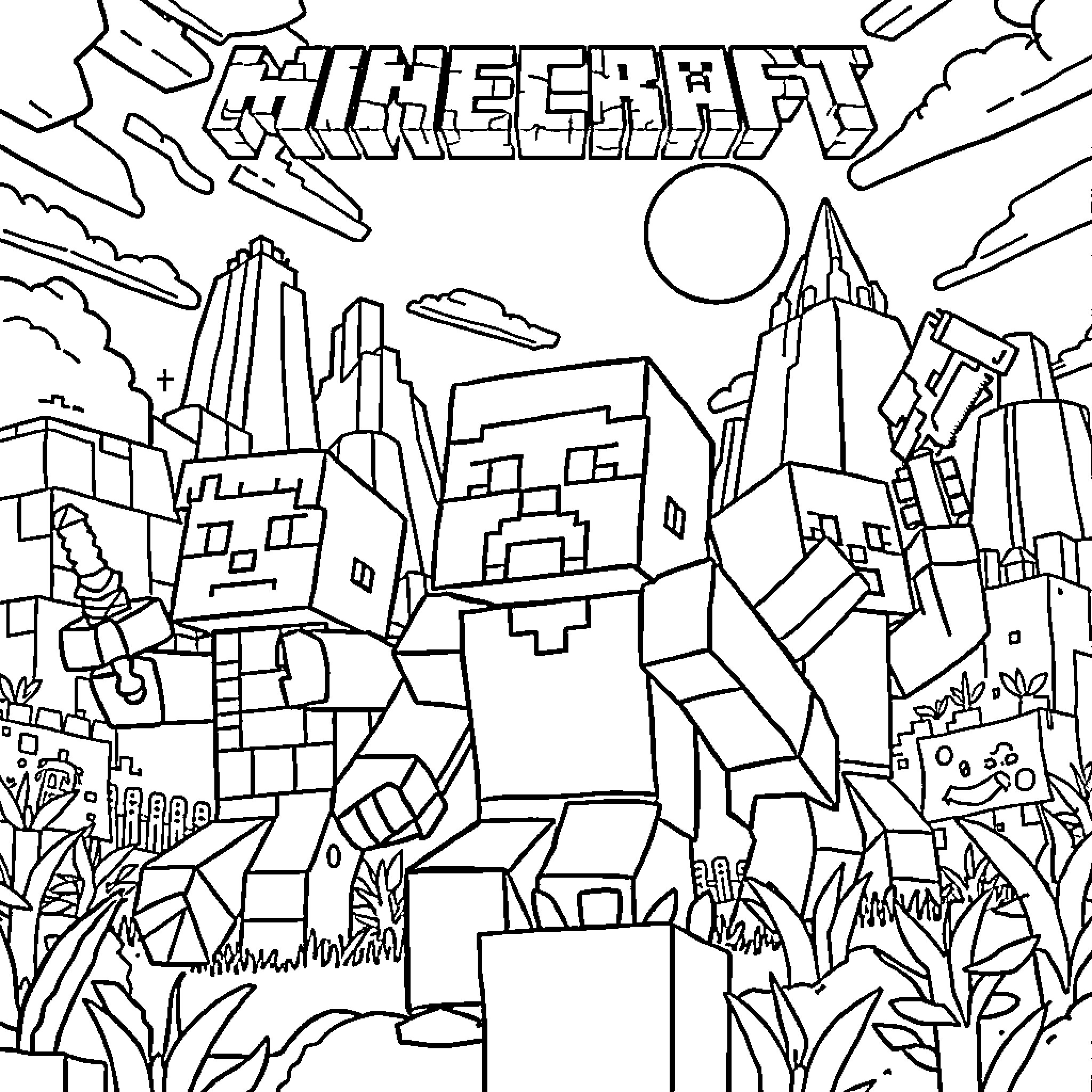 Minecraft Cityscape with Towering Buildings and Landscapes Coloring Page (free black-and-white line drawing printable PDF for all, from beginners to advanced learners, including children, teens, adults, and seniors)