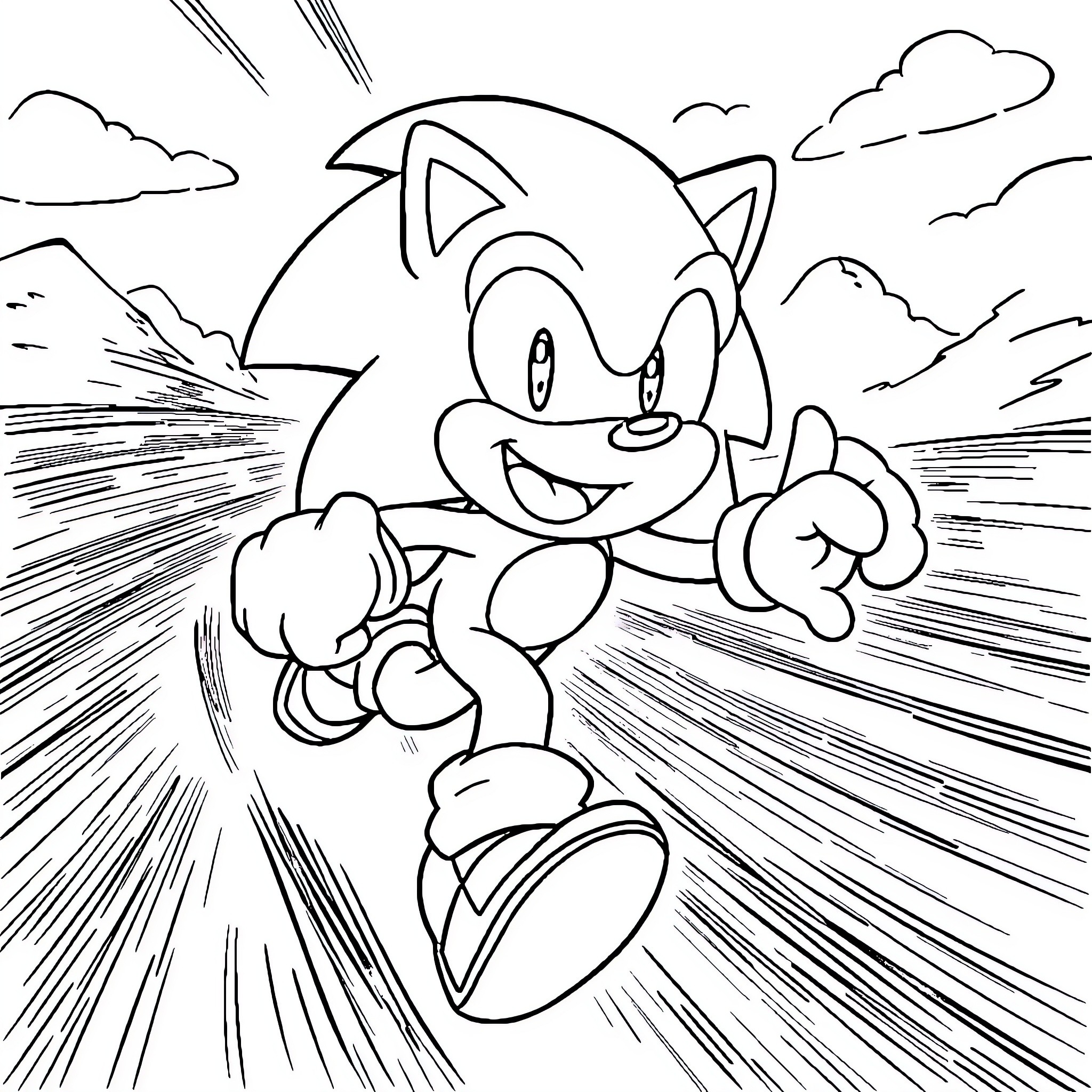 Sonic running swiftly through the landscape Coloring Page (free black-and-white line drawing printable PDF for all, from beginners to advanced learners, including children, teens, adults, and seniors)