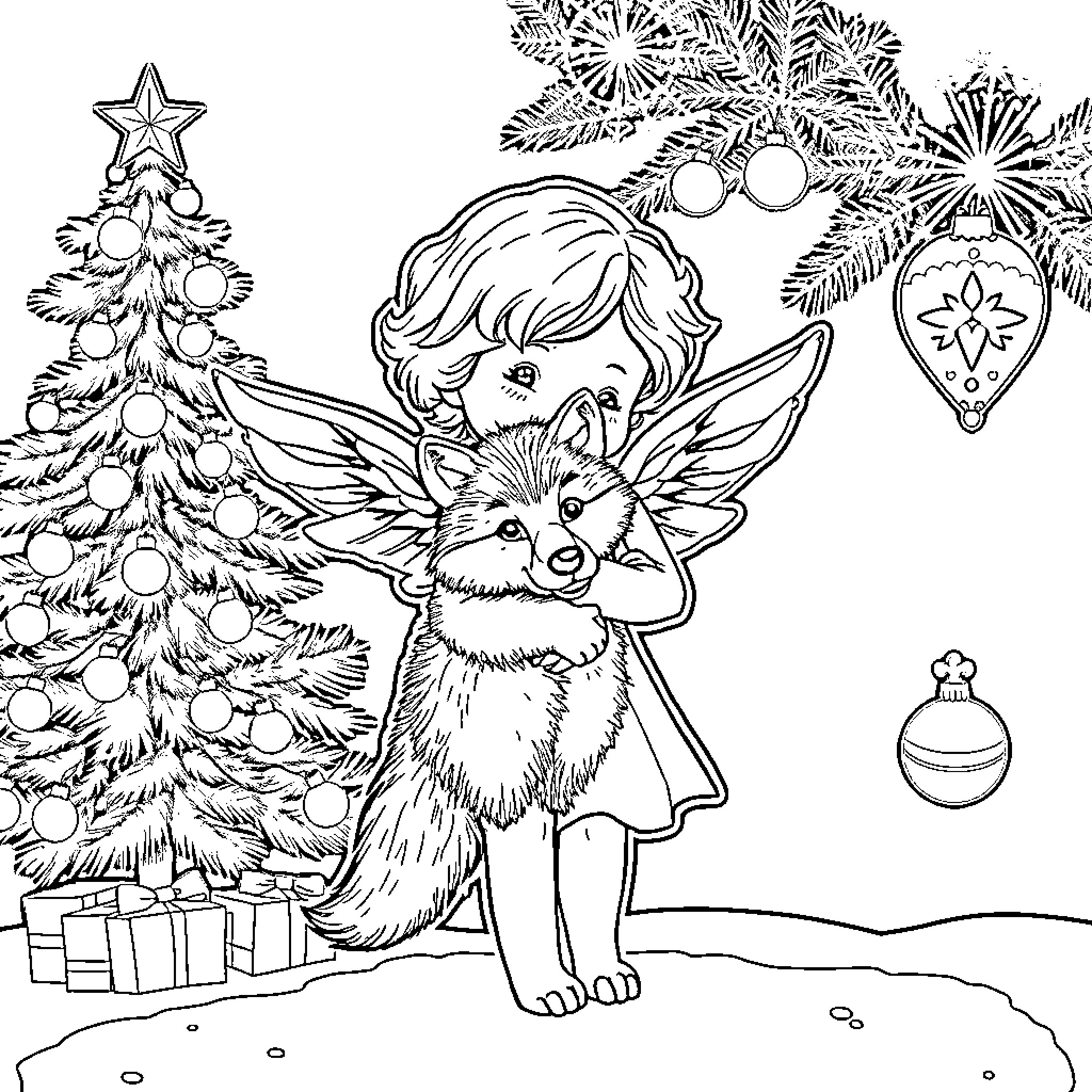 Angel Fairy with Cute Rabbit Posing by Christmas Tree Coloring Page (free black-and-white line drawing printable PDF for all, from beginners to advanced learners, including children, teens, adults, and seniors)