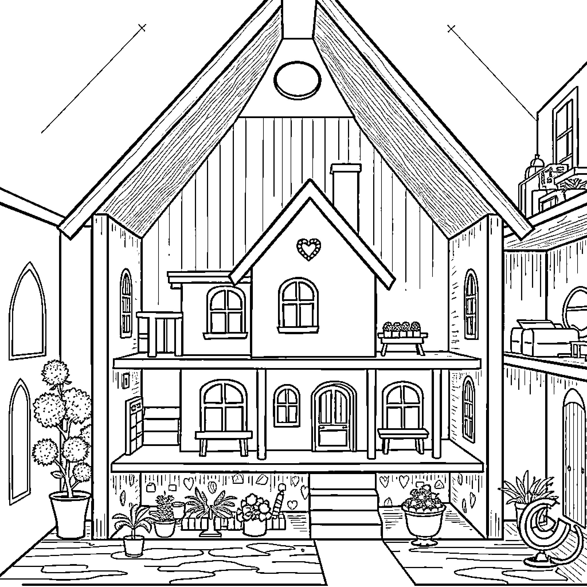 Dollhouse with Detailed Exterior and Decor Coloring Page (free black-and-white line drawing printable PDF for all, from beginners to advanced learners, including children, teens, adults, and seniors)
