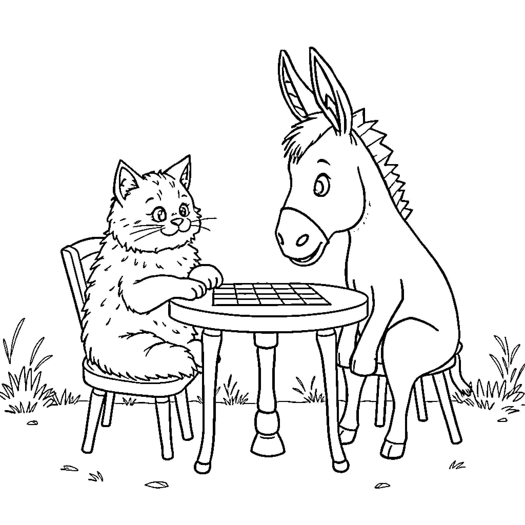 Cat and Donkey Playing Chess Outdoors Coloring Page (free black-and-white line drawing printable PDF for all, from beginners to advanced learners, including children, teens, adults, and seniors)