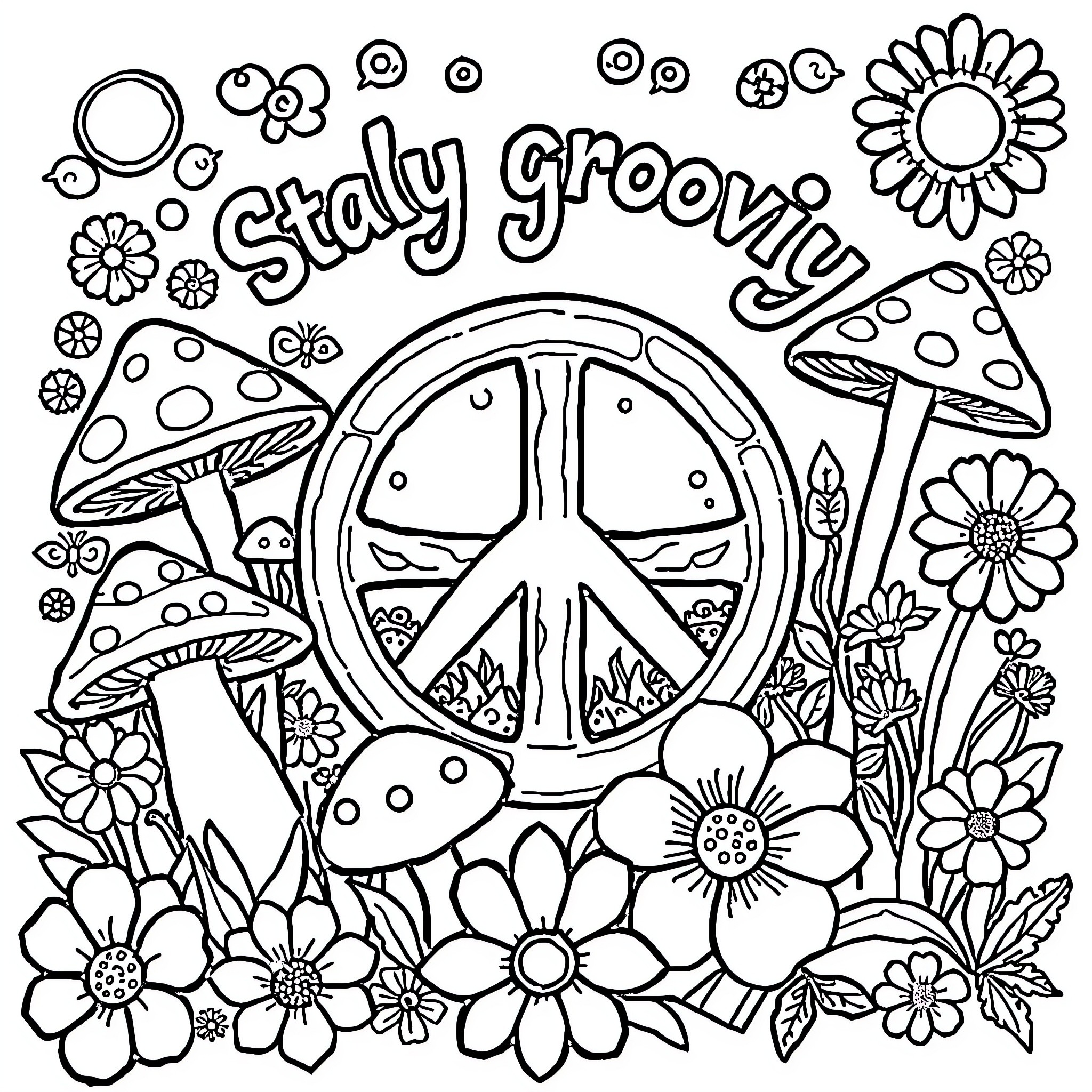 Peace Symbol Groovy Flower Garden Scene Coloring Page (free black-and-white line drawing printable PDF for all, from beginners to advanced learners, including children, teens, adults, and seniors)