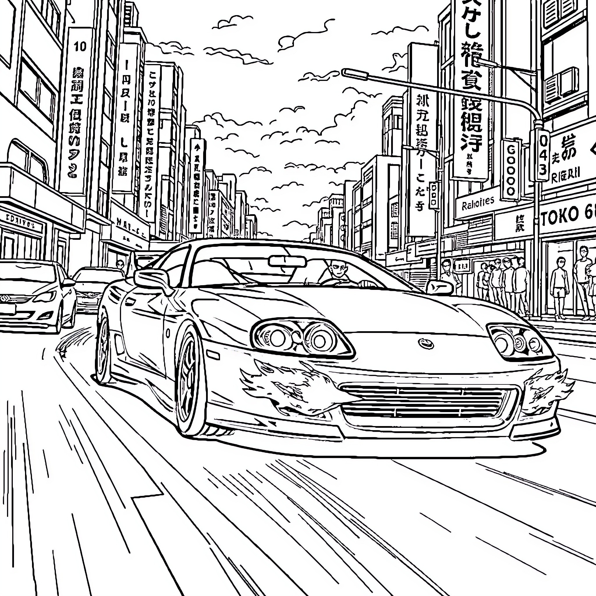 Supra speeding through busy city streets Coloring Page (free black-and-white line drawing printable PDF for all, from beginners to advanced learners, including children, teens, adults, and seniors)