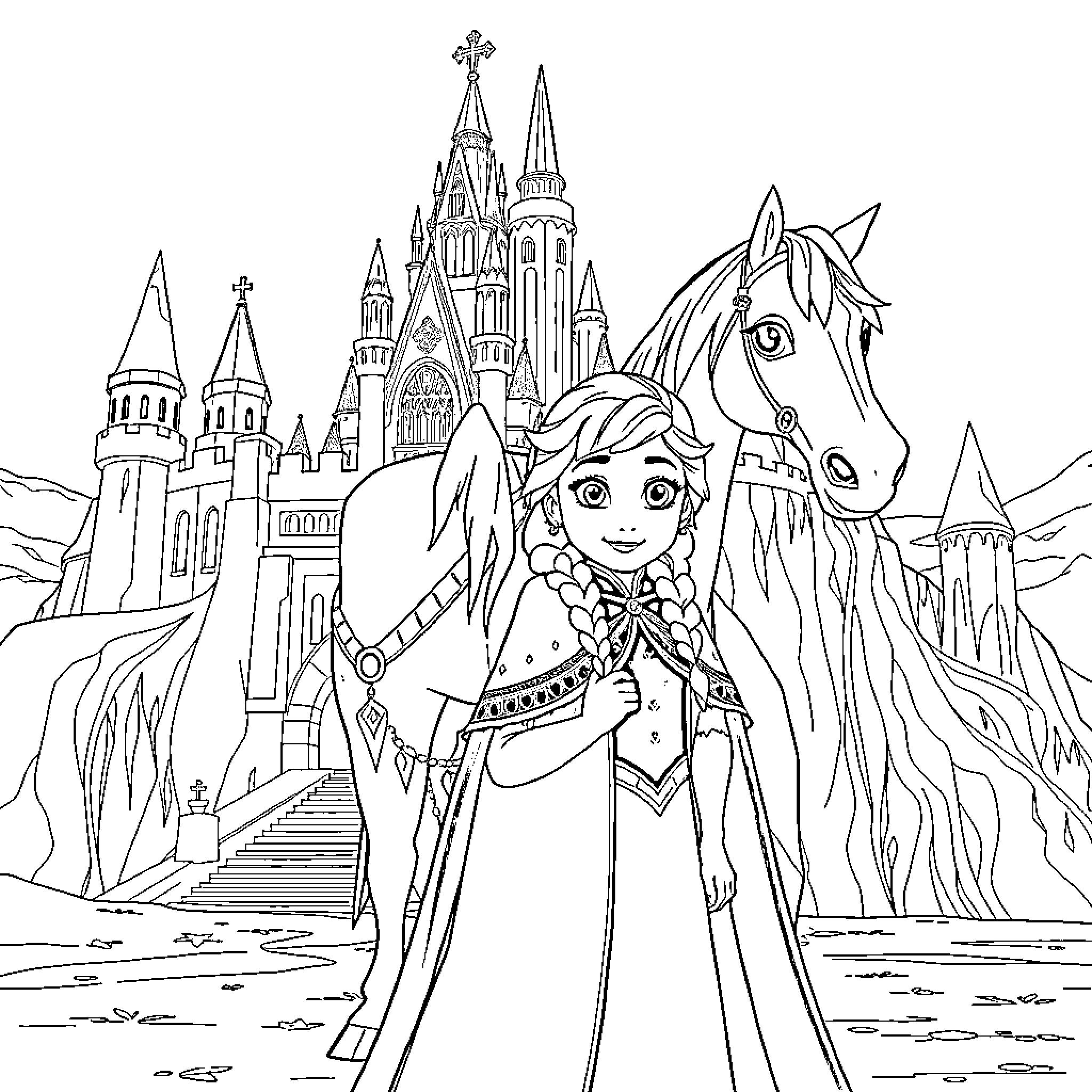 Ella's enchanted adventure with horse and castle Coloring Page (free black-and-white line drawing printable PDF for all, from beginners to advanced learners, including children, teens, adults, and seniors)