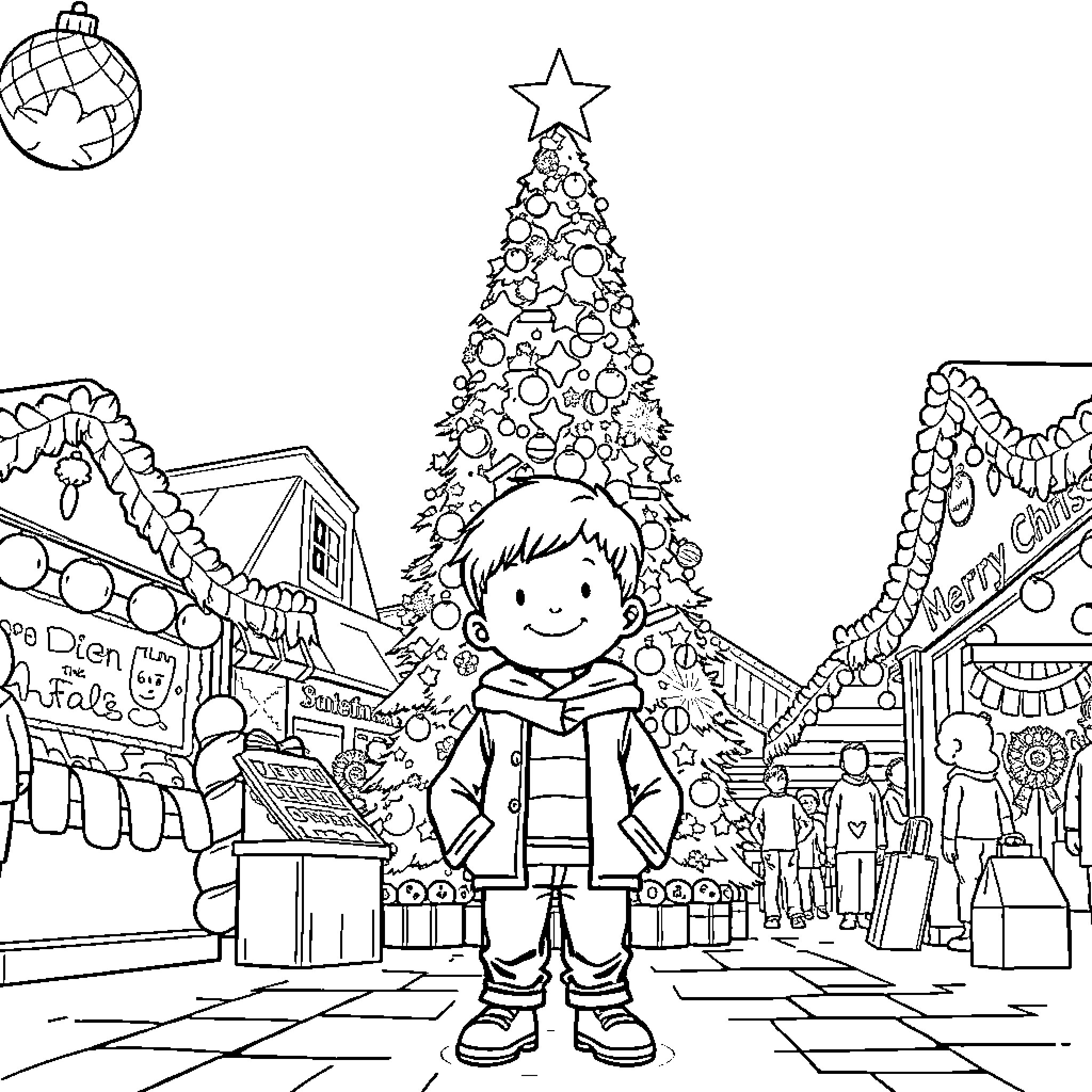 Boy enjoying festive holiday scene with Christmas tree Coloring Page (free black-and-white line drawing printable PDF for all, from beginners to advanced learners, including children, teens, adults, and seniors)