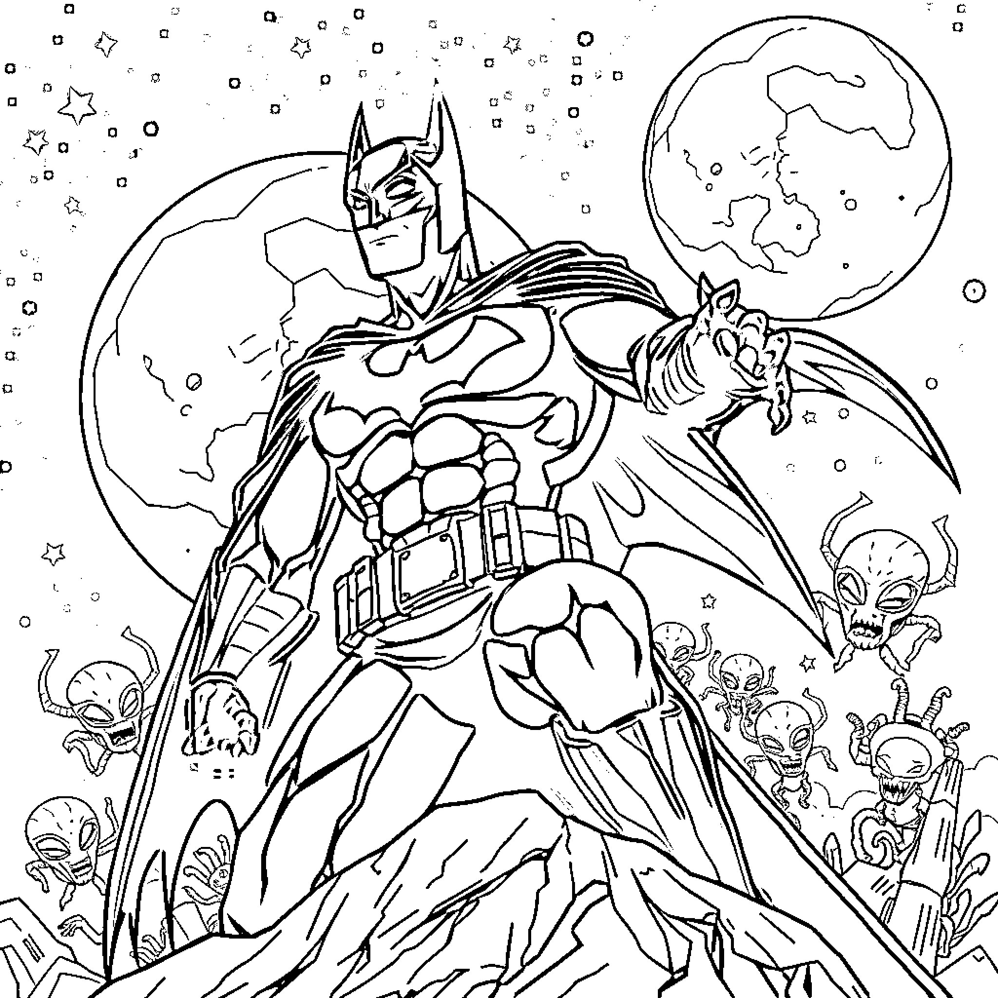 Batman Battling Villains in the Cosmos Coloring Page (free black-and-white line drawing printable PDF for all, from beginners to advanced learners, including children, teens, adults, and seniors)