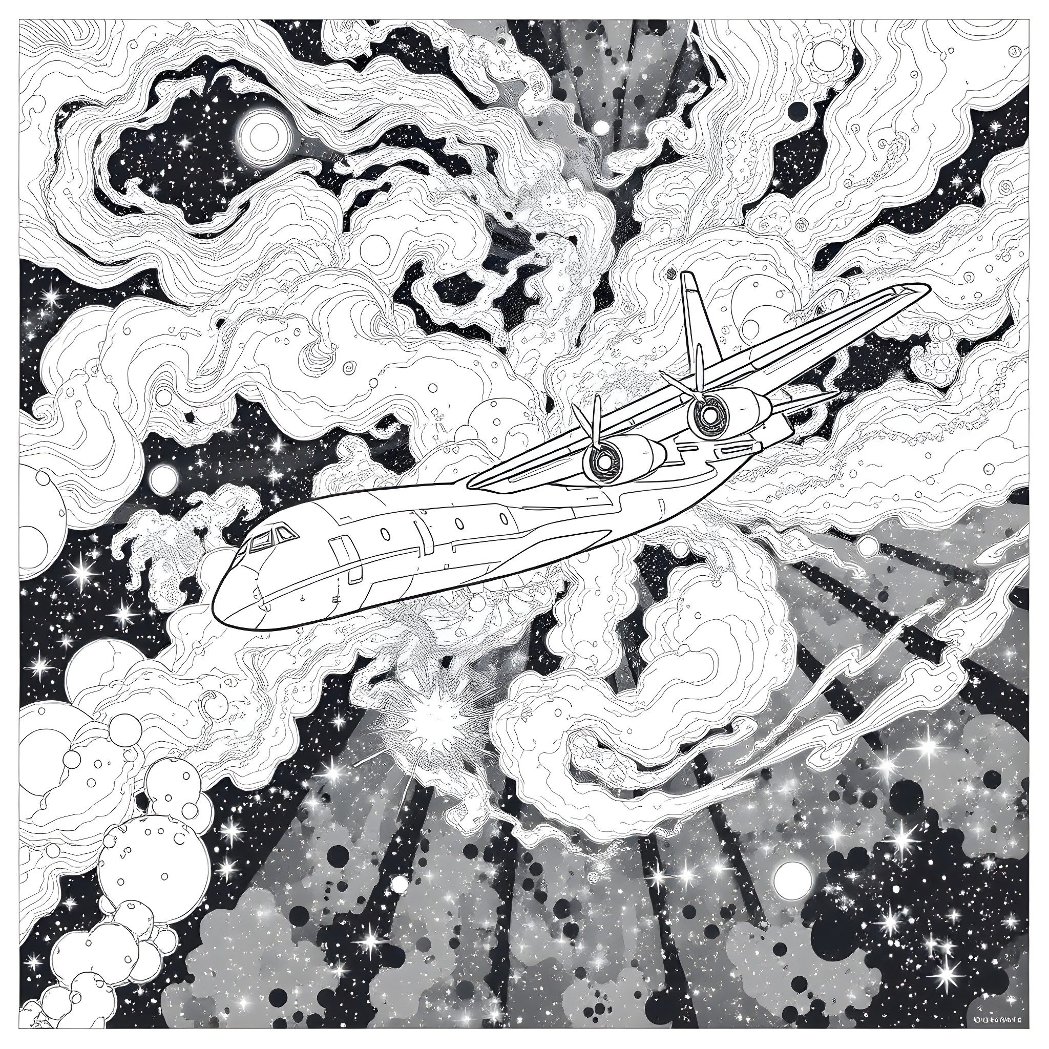 Galaxy Spacecraft Soaring through Cosmic Clouds Coloring Page (free black-and-white line drawing printable PDF for all, from beginners to advanced learners, including children, teens, adults, and seniors)