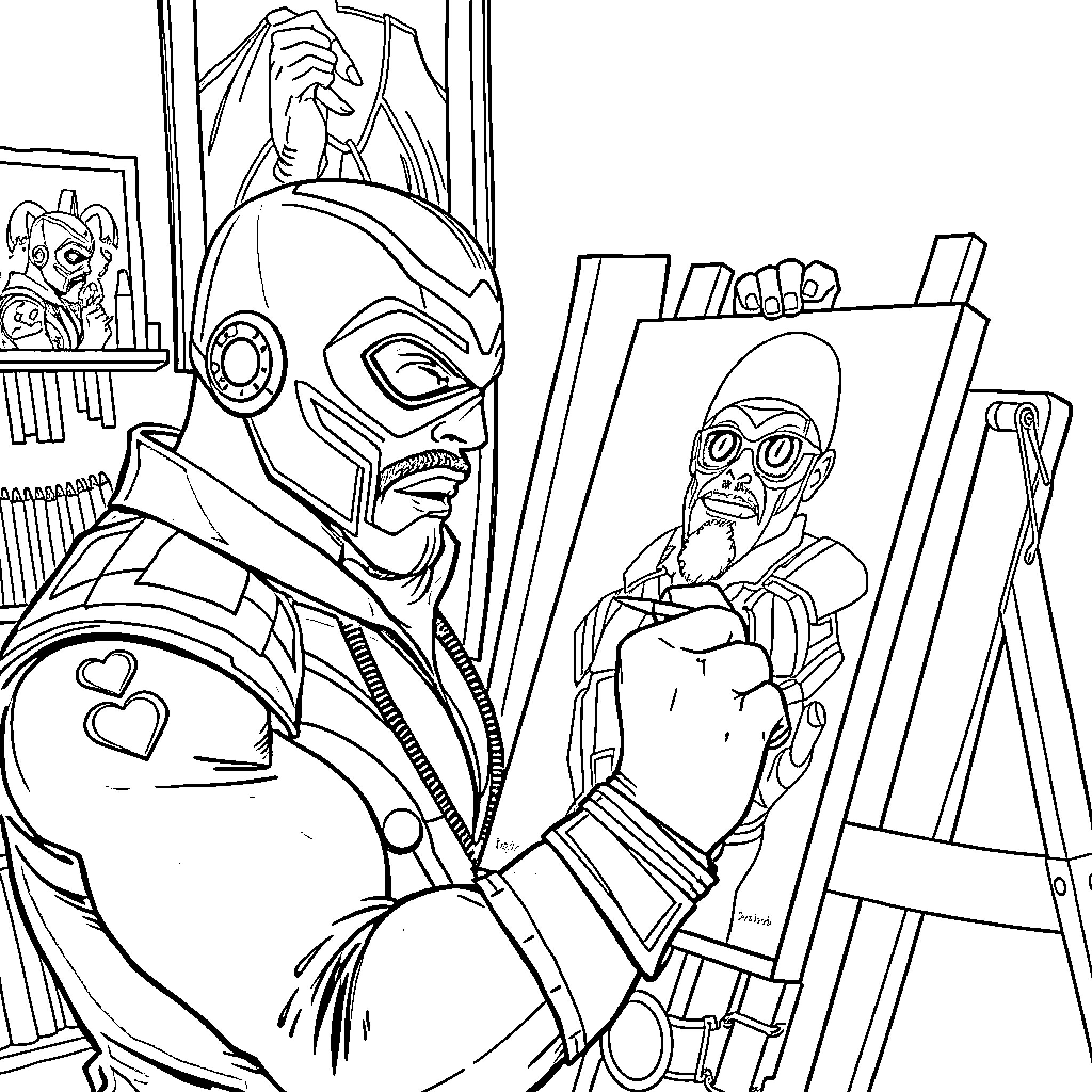 Dominick Mysterio's Artistic Endeavors Coloring Page (free black-and-white line drawing printable PDF for all, from beginners to advanced learners, including children, teens, adults, and seniors)