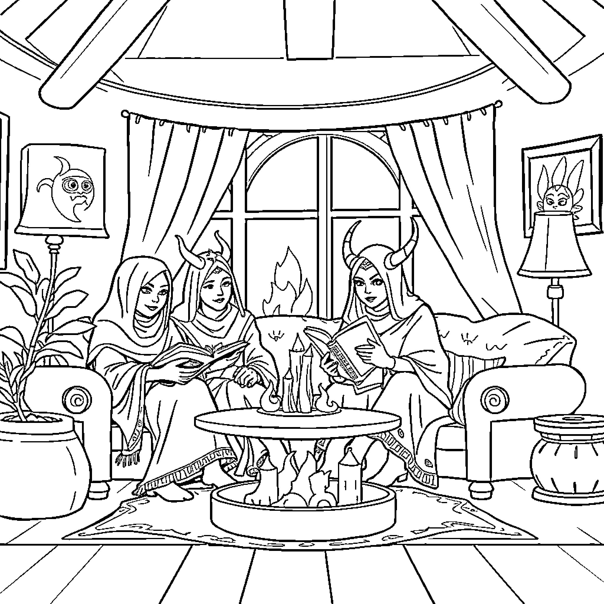 Demon Hunters Gathered Around Campfire in Cozy Home Coloring Page (free black-and-white line drawing printable PDF for all, from beginners to advanced learners, including children, teens, adults, and seniors)