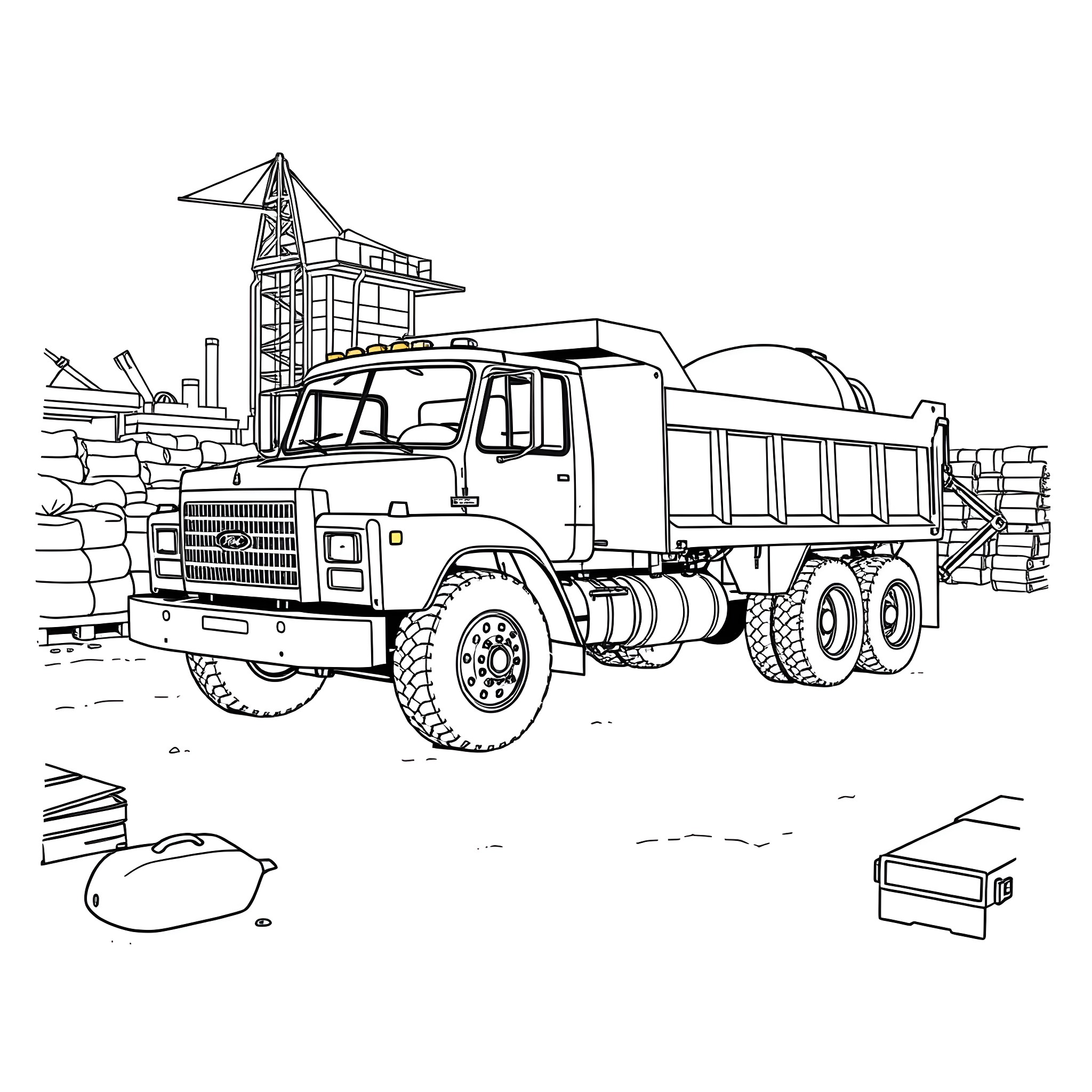 Ford Dually Dump Truck Unloading Construction Supplies Coloring Page (free black-and-white line drawing printable PDF for all, from beginners to advanced learners, including children, teens, adults, and seniors)