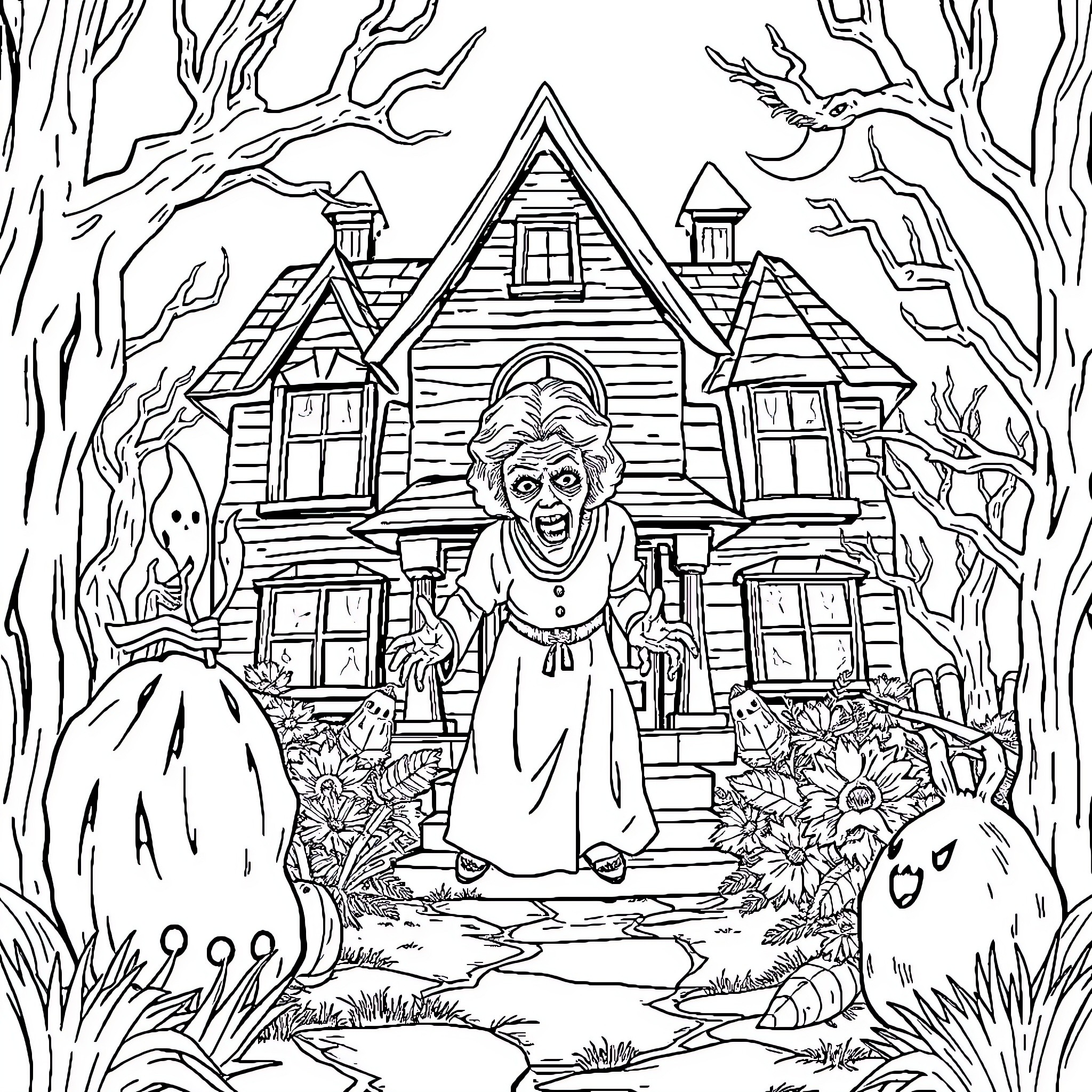 Granny's Haunted House Adventure Coloring Page (free black-and-white line drawing printable PDF for all, from beginners to advanced learners, including children, teens, adults, and seniors)