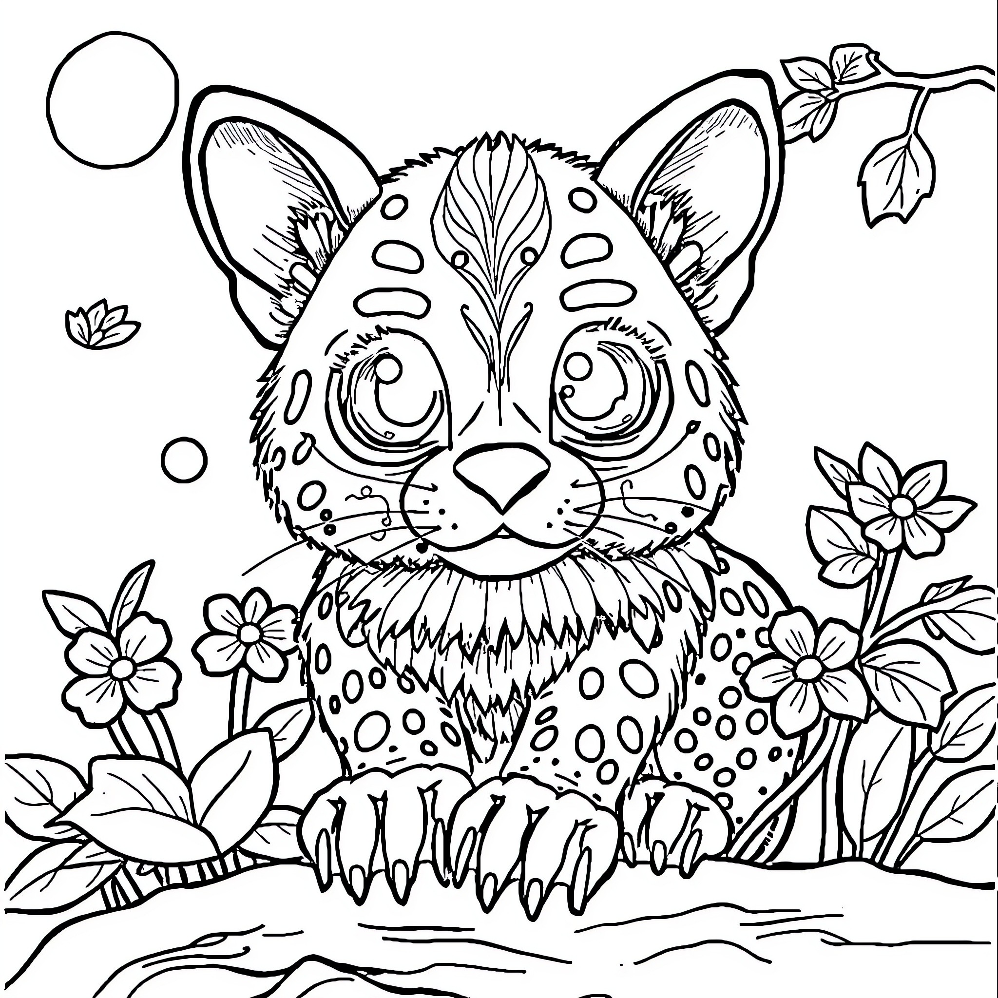 Children's Whimsical Cat in Floral Garden Coloring Page (free black-and-white line drawing printable PDF for all, from beginners to advanced learners, including children, teens, adults, and seniors)