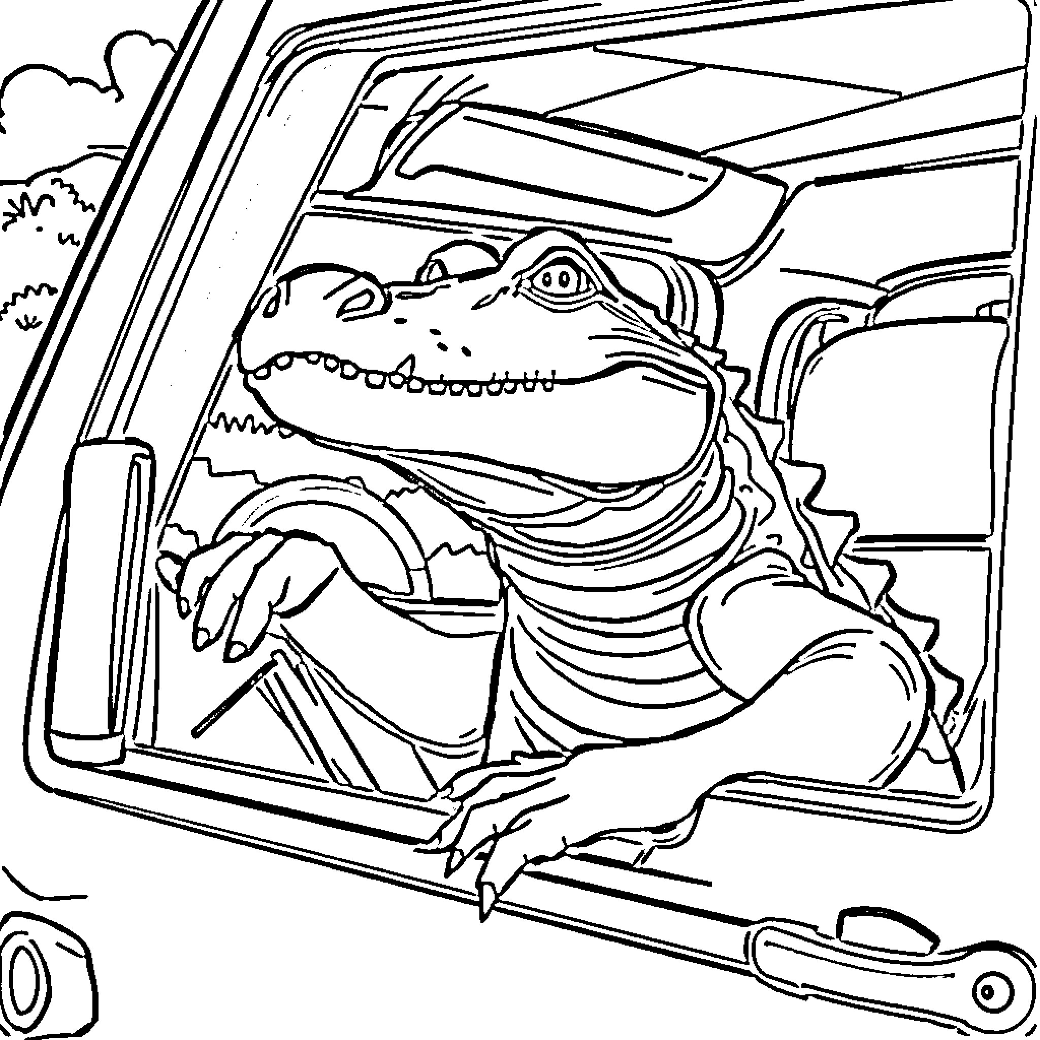 Gator driving enthusiastically in a truck Coloring Page (free black-and-white line drawing printable PDF for all, from beginners to advanced learners, including children, teens, adults, and seniors)