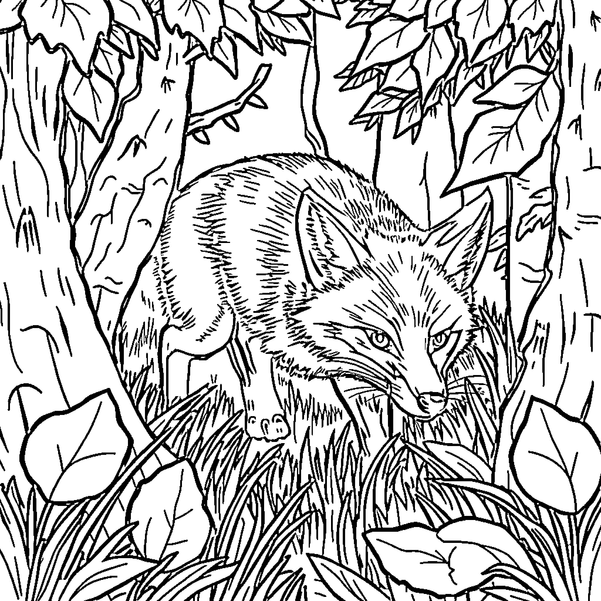 Fox cautiously watching in the dense forest Coloring Page (free black-and-white line drawing printable PDF for all, from beginners to advanced learners, including children, teens, adults, and seniors)