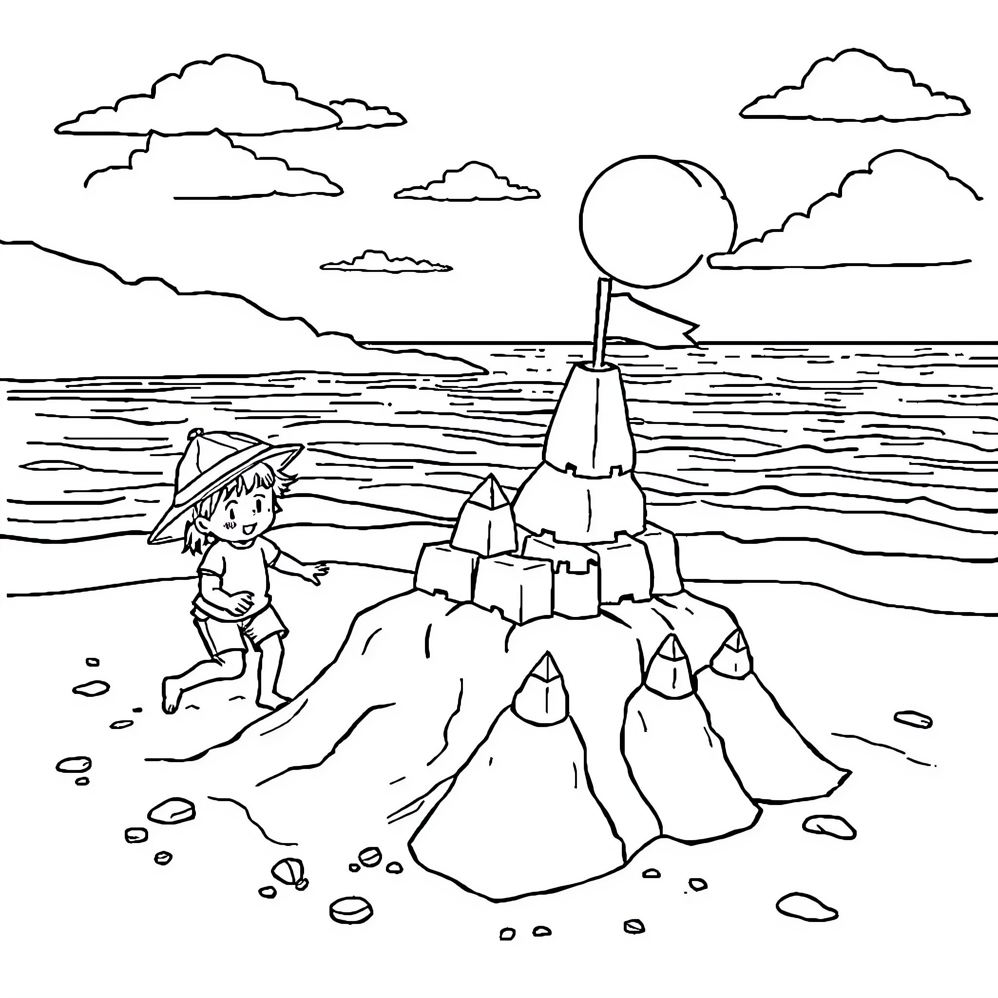 Child building a sandcastle on the beach Coloring Page (free black-and-white line drawing printable PDF for all, from beginners to advanced learners, including children, teens, adults, and seniors)