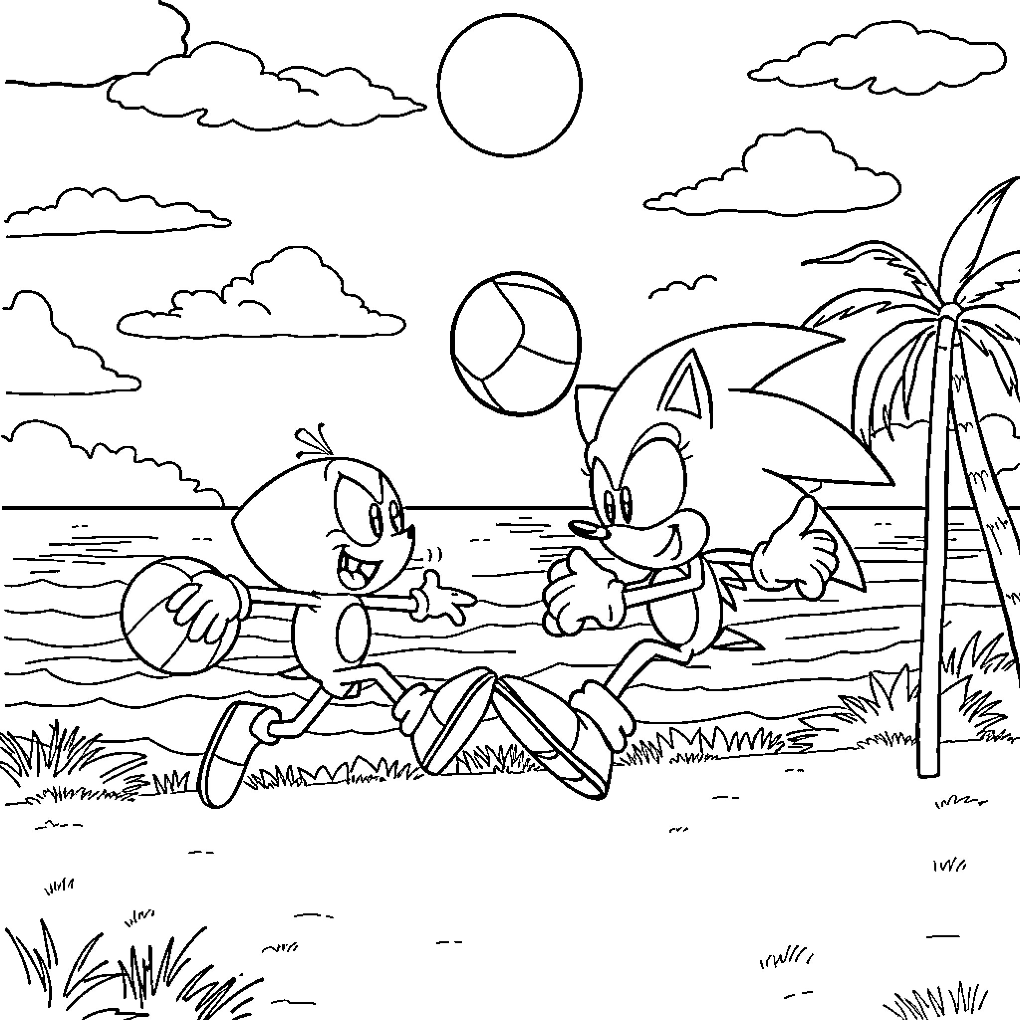 Bob esponja playing on the beach with friends Coloring Page (free black-and-white line drawing printable PDF for all, from beginners to advanced learners, including children, teens, adults, and seniors)