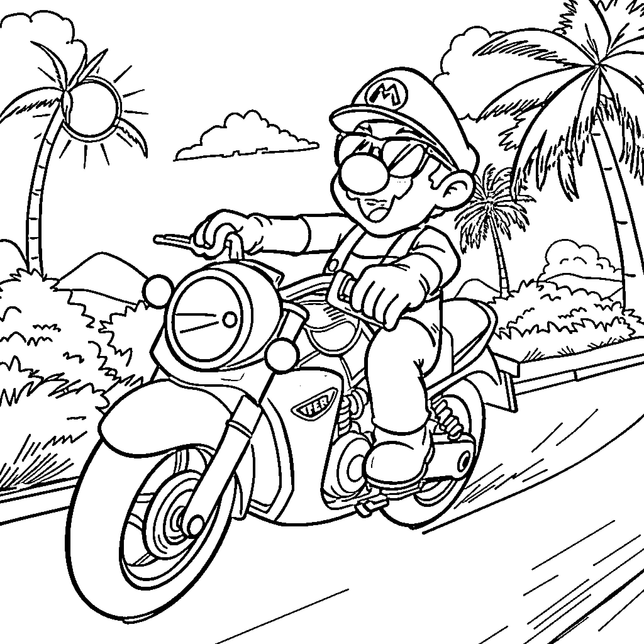 Mario riding a motorcycle in a tropical landscape Coloring Page (free black-and-white line drawing printable PDF for all, from beginners to advanced learners, including children, teens, adults, and seniors)