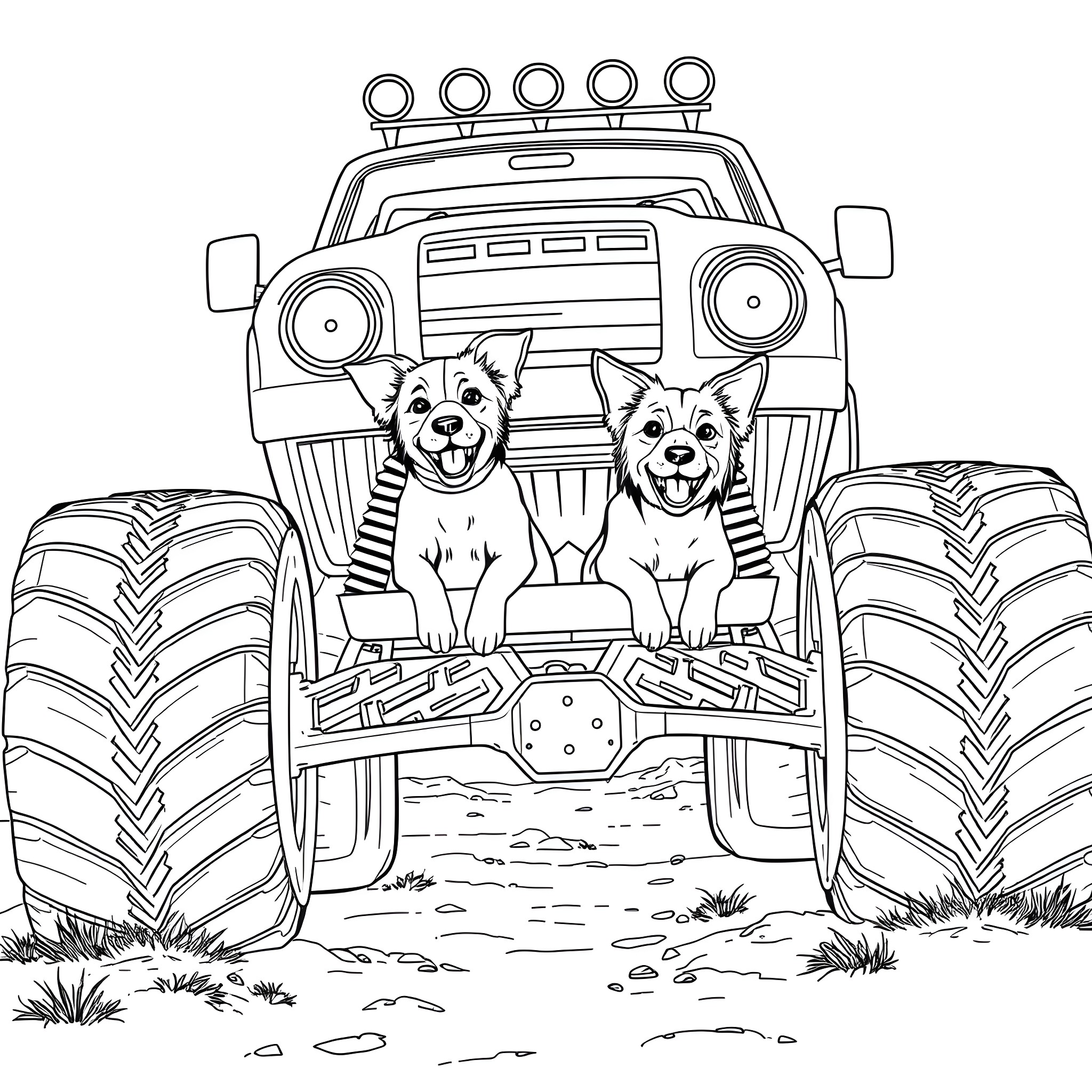 Dog Riding Monster Truck with Canine Companion Coloring Page (free black-and-white line drawing printable PDF for all, from beginners to advanced learners, including children, teens, adults, and seniors)