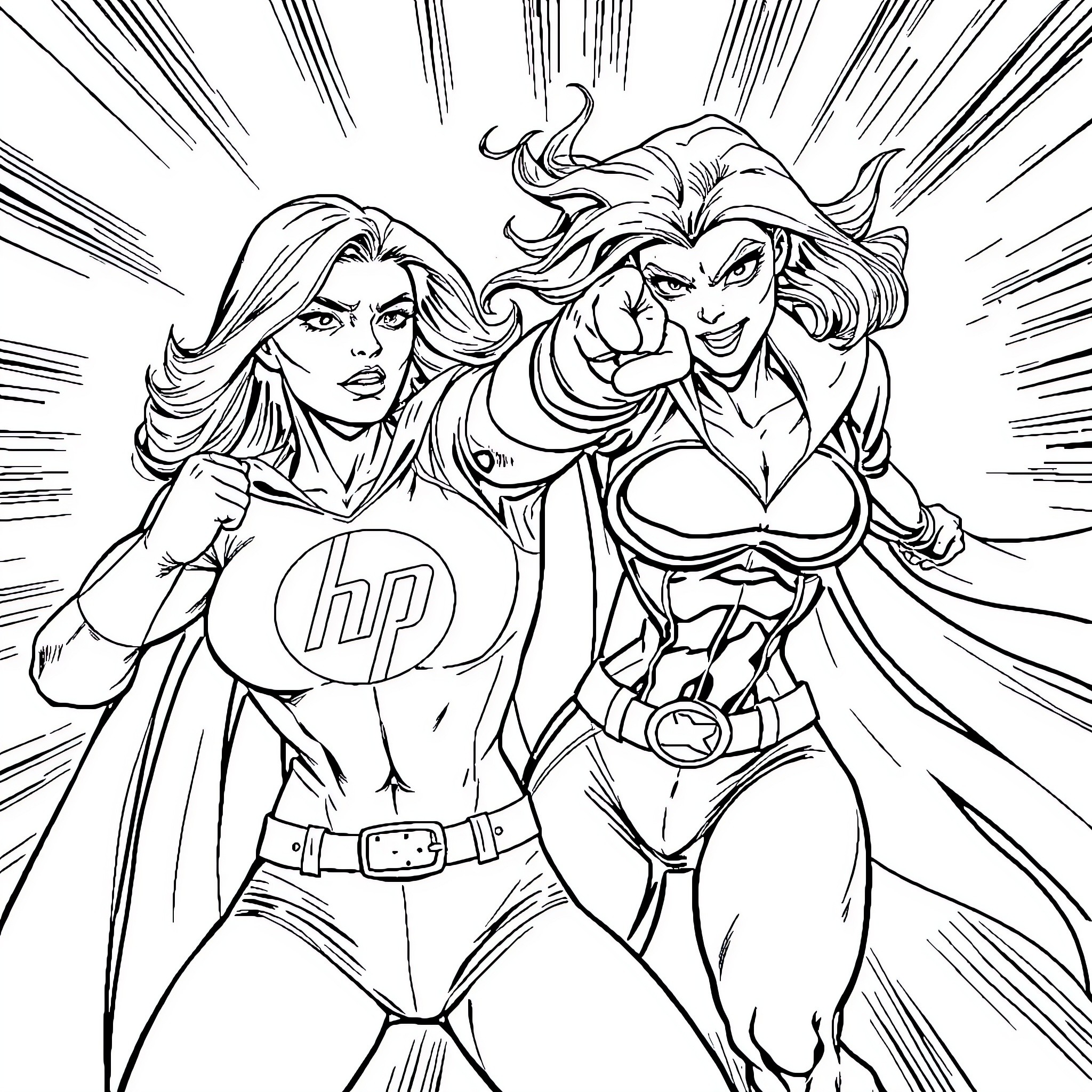 Superhero duo in action-packed scene Coloring Page (free black-and-white line drawing printable PDF for all, from beginners to advanced learners, including children, teens, adults, and seniors)