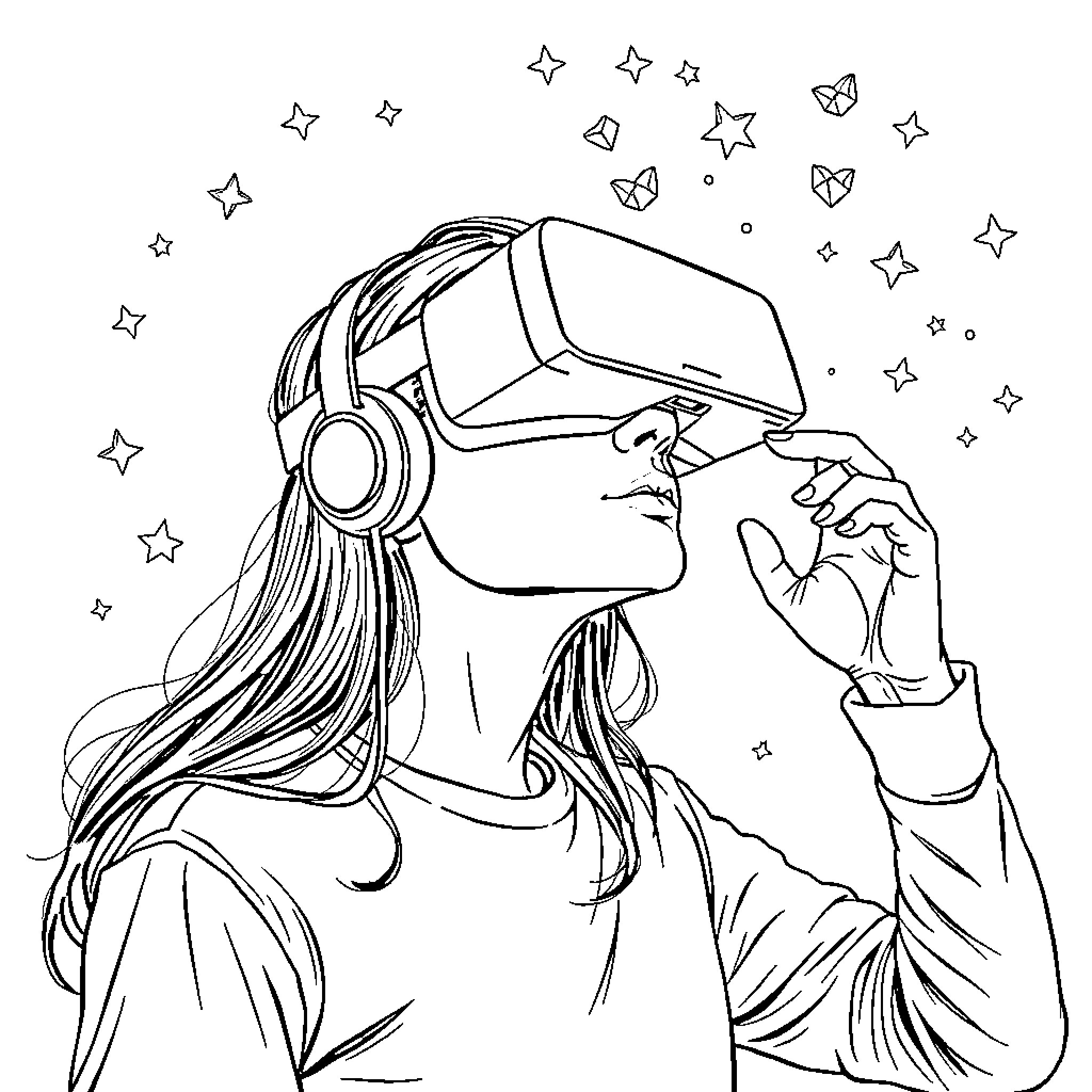 UG VR Woman experiencing virtual reality Coloring Page (free black-and-white line drawing printable PDF for all, from beginners to advanced learners, including children, teens, adults, and seniors)