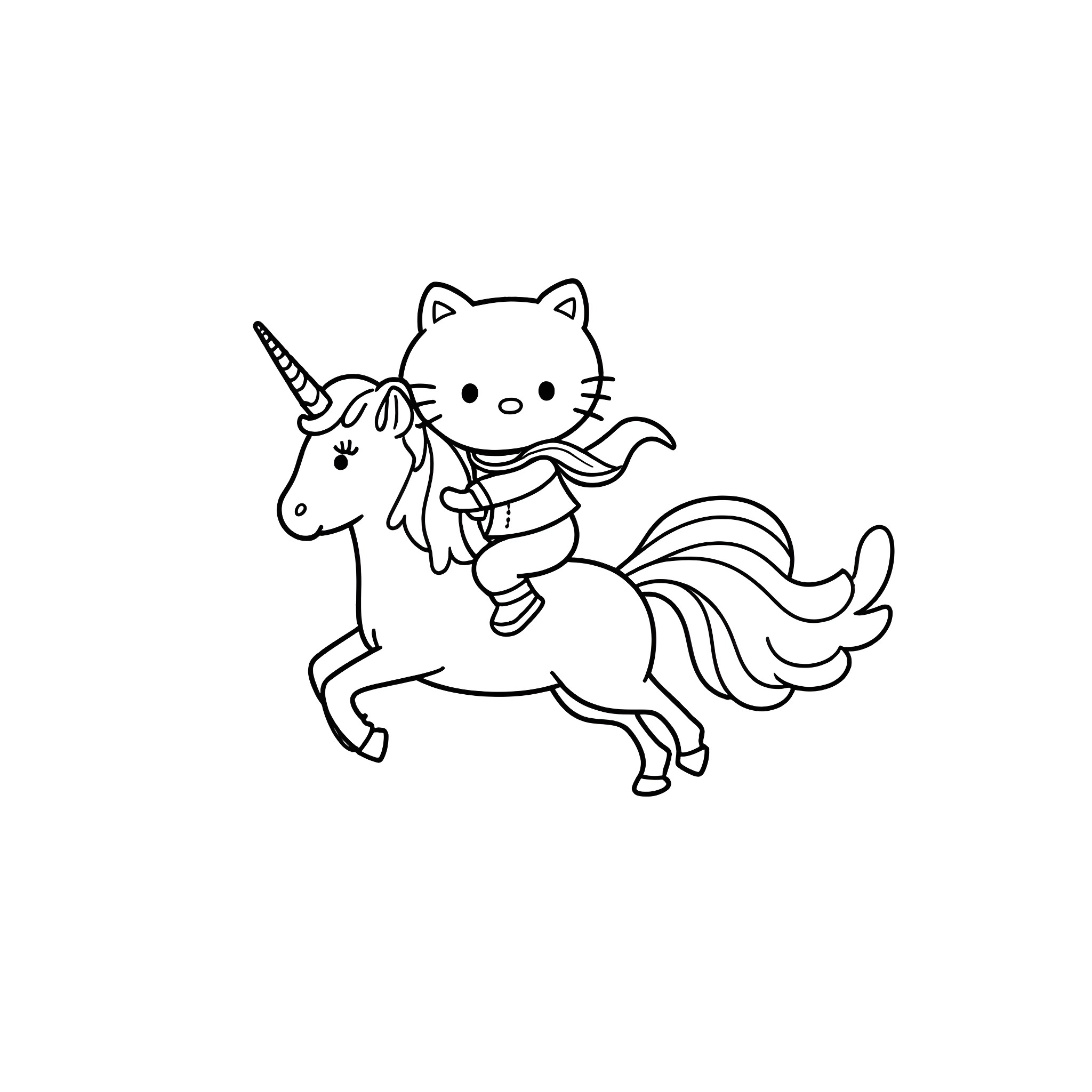 Hello Kitty riding a unicorn Coloring Page (free black-and-white line drawing printable PDF for all, from beginners to advanced learners, including children, teens, adults, and seniors)