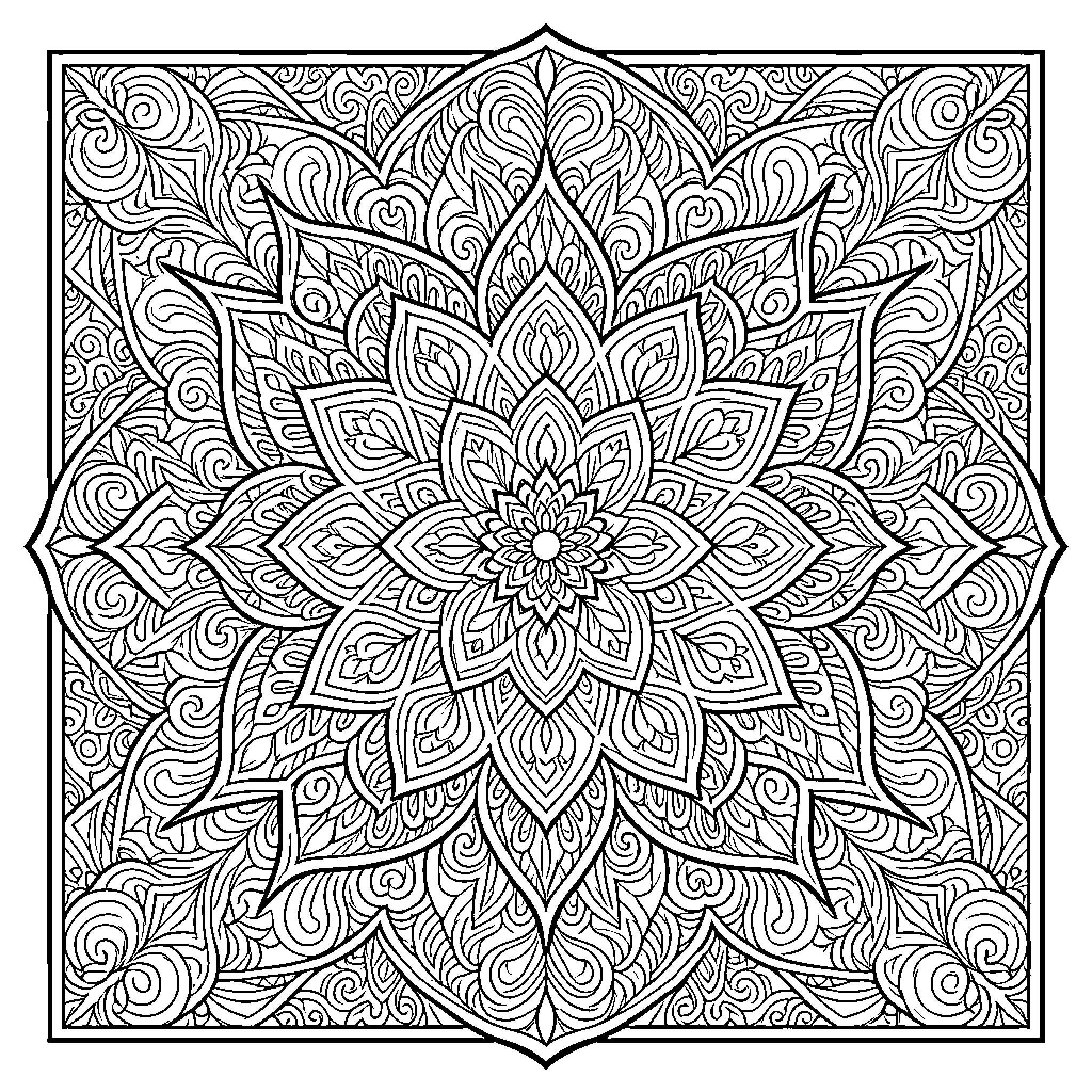 Mandala of intricate floral patterns and symmetry Coloring Page (free black-and-white line drawing printable PDF for all, from beginners to advanced learners, including children, teens, adults, and seniors)