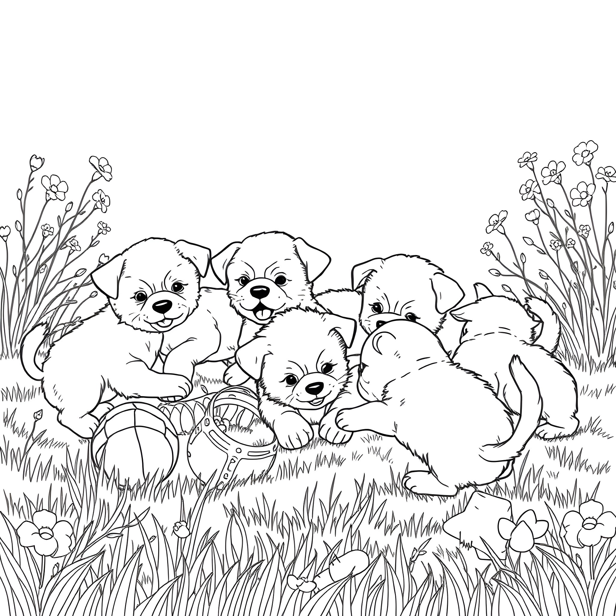Puppy playtime in the meadow Coloring Page (free black-and-white line drawing printable PDF for all, from beginners to advanced learners, including children, teens, adults, and seniors)