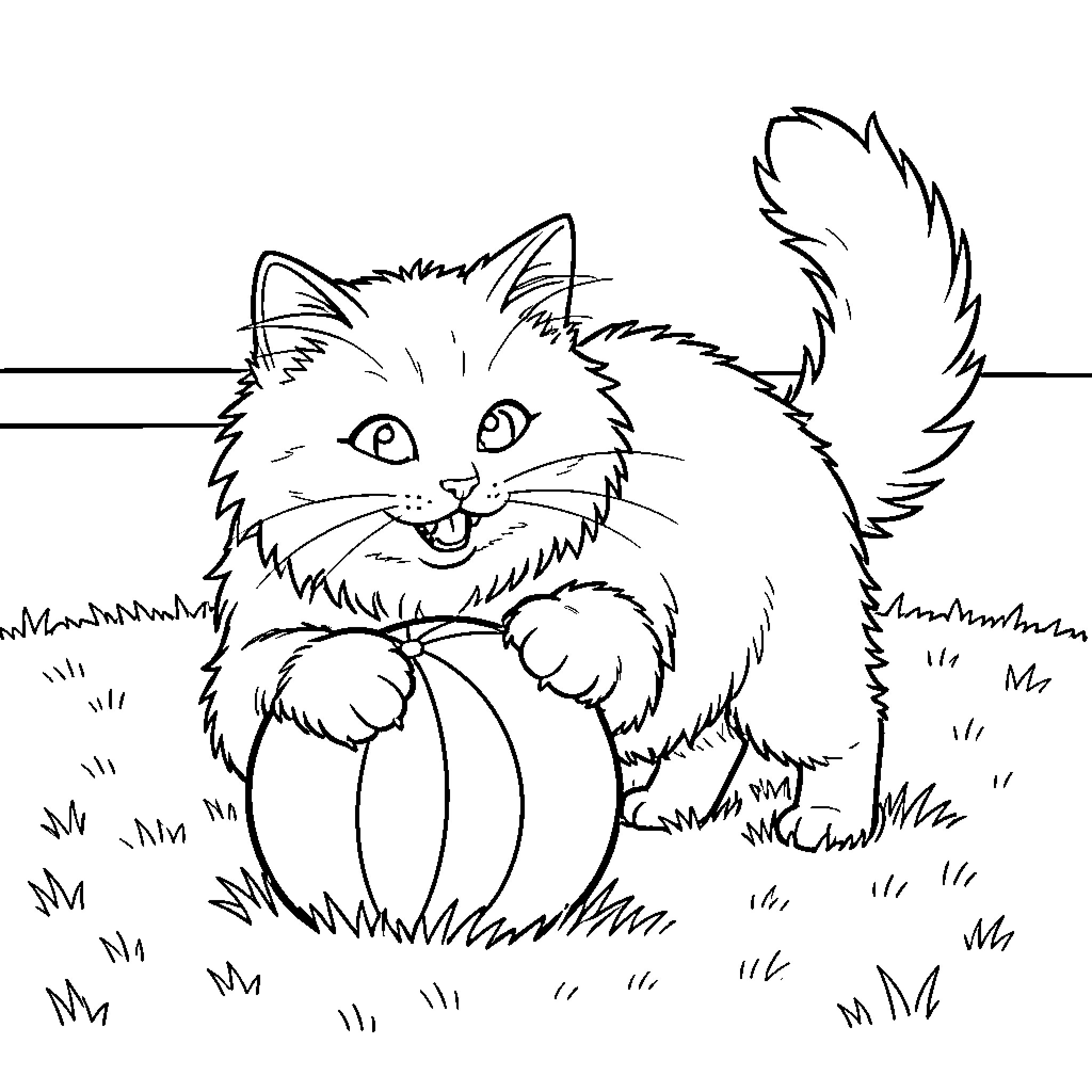 Cat with playful expression in grassy field Coloring Page (free black-and-white line drawing printable PDF for all, from beginners to advanced learners, including children, teens, adults, and seniors)
