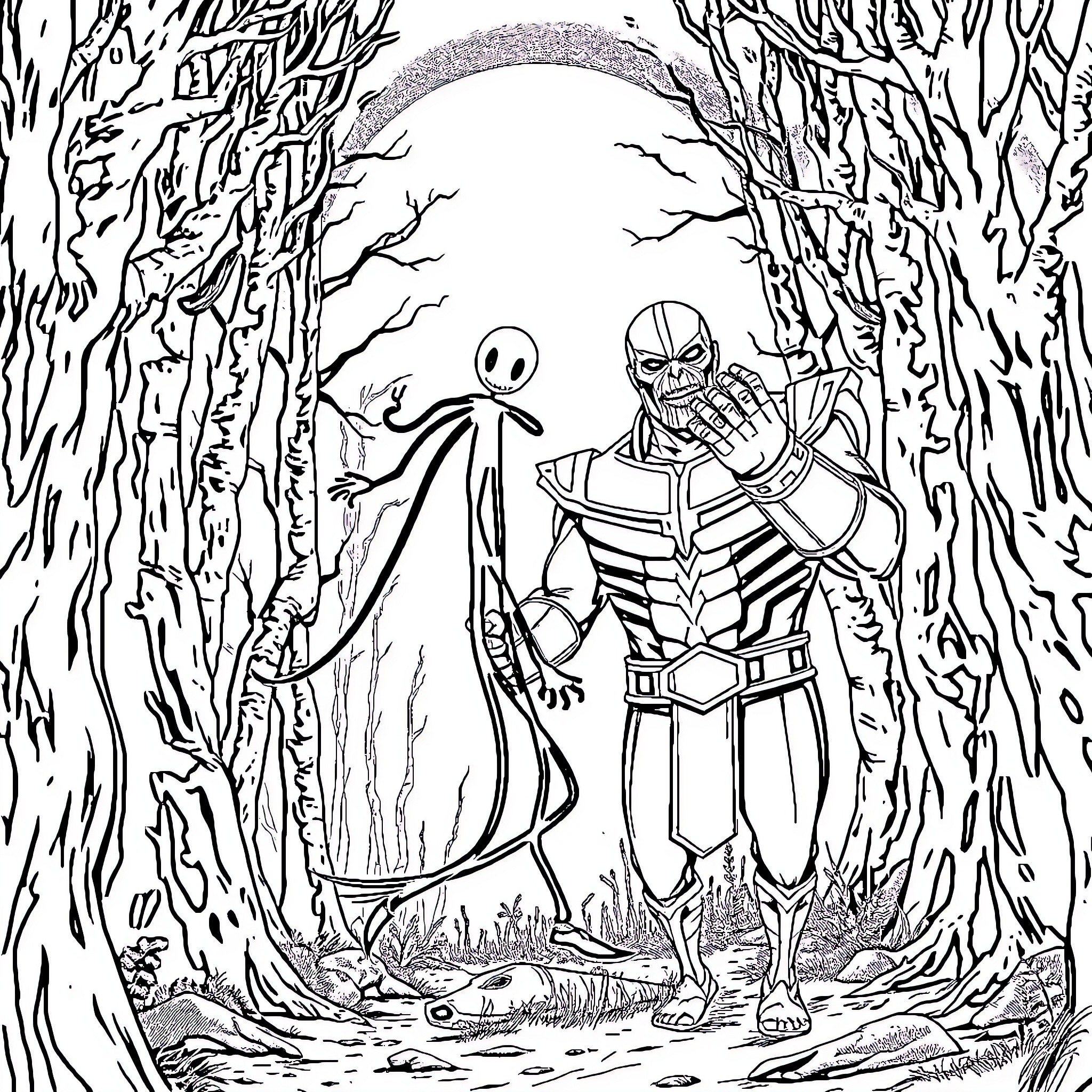 Slenderman and Masked Villain in Haunting Forest Encounter Coloring Page (free black-and-white line drawing printable PDF for all, from beginners to advanced learners, including children, teens, adults, and seniors)