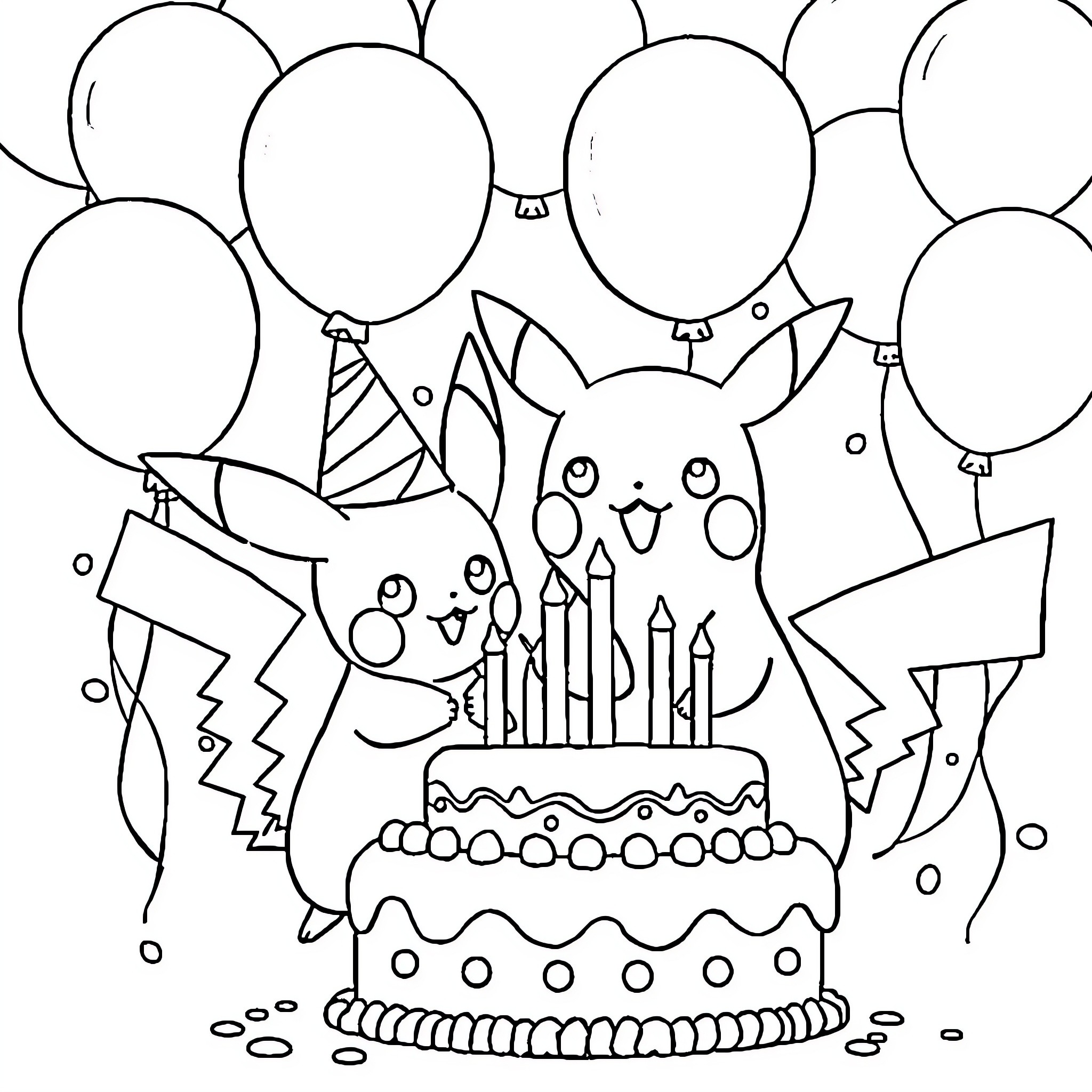 Pichu and Pikachu celebrating with cake and balloons Coloring Page (free black-and-white line drawing printable PDF for all, from beginners to advanced learners, including children, teens, adults, and seniors)