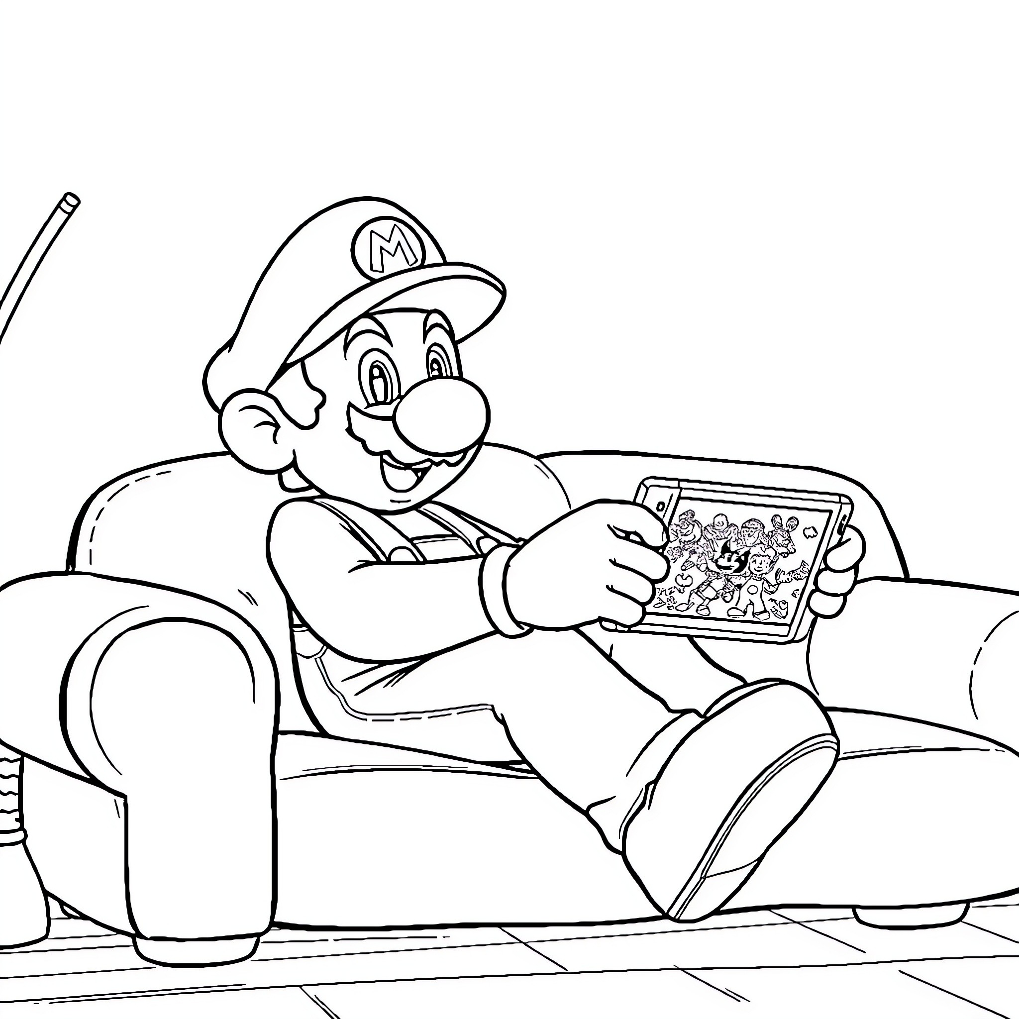 Mario relaxing on couch and playing video game Coloring Page (free black-and-white line drawing printable PDF for all, from beginners to advanced learners, including children, teens, adults, and seniors)