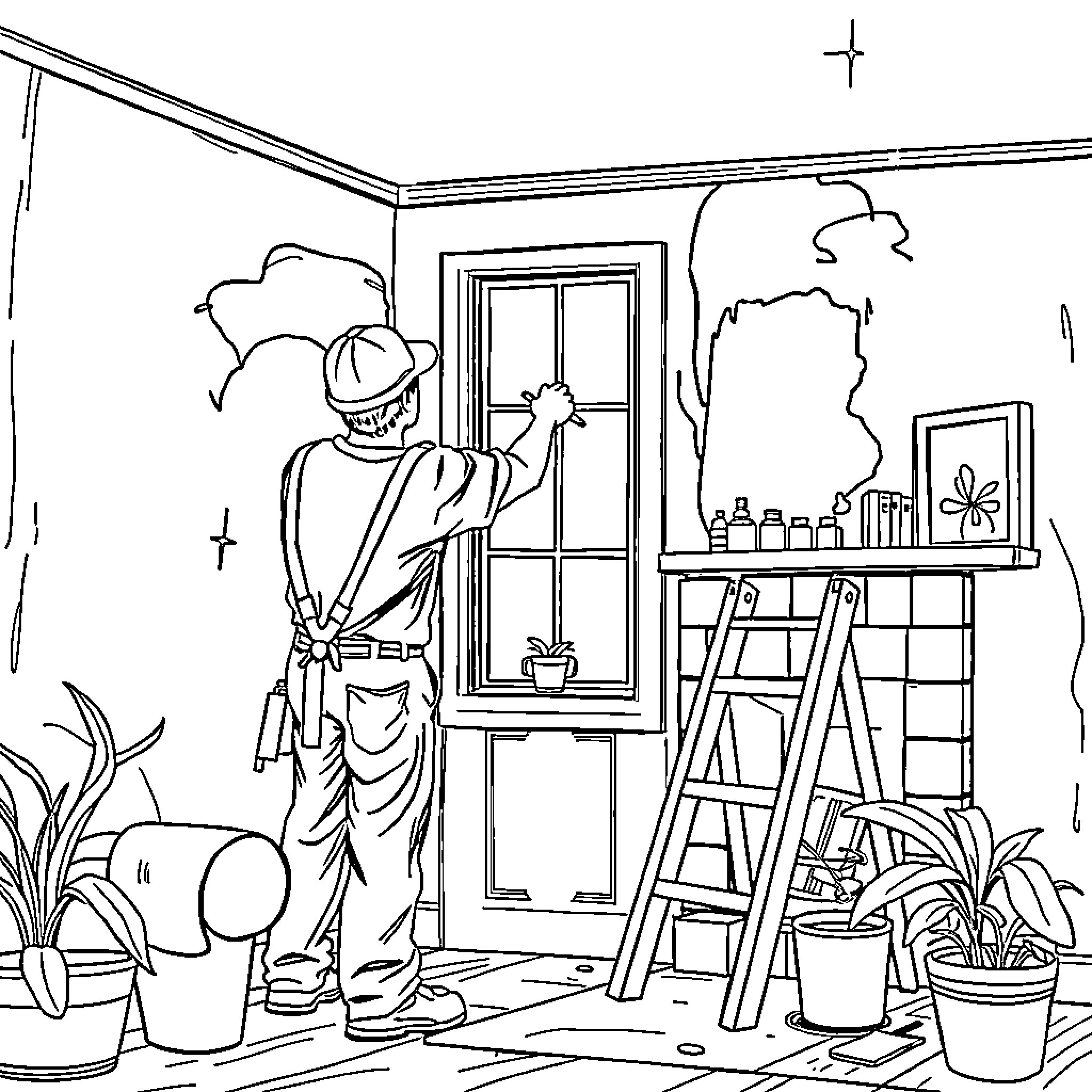 Painter working diligently in his studio Coloring Page (free black-and-white line drawing printable PDF for all, from beginners to advanced learners, including children, teens, adults, and seniors)