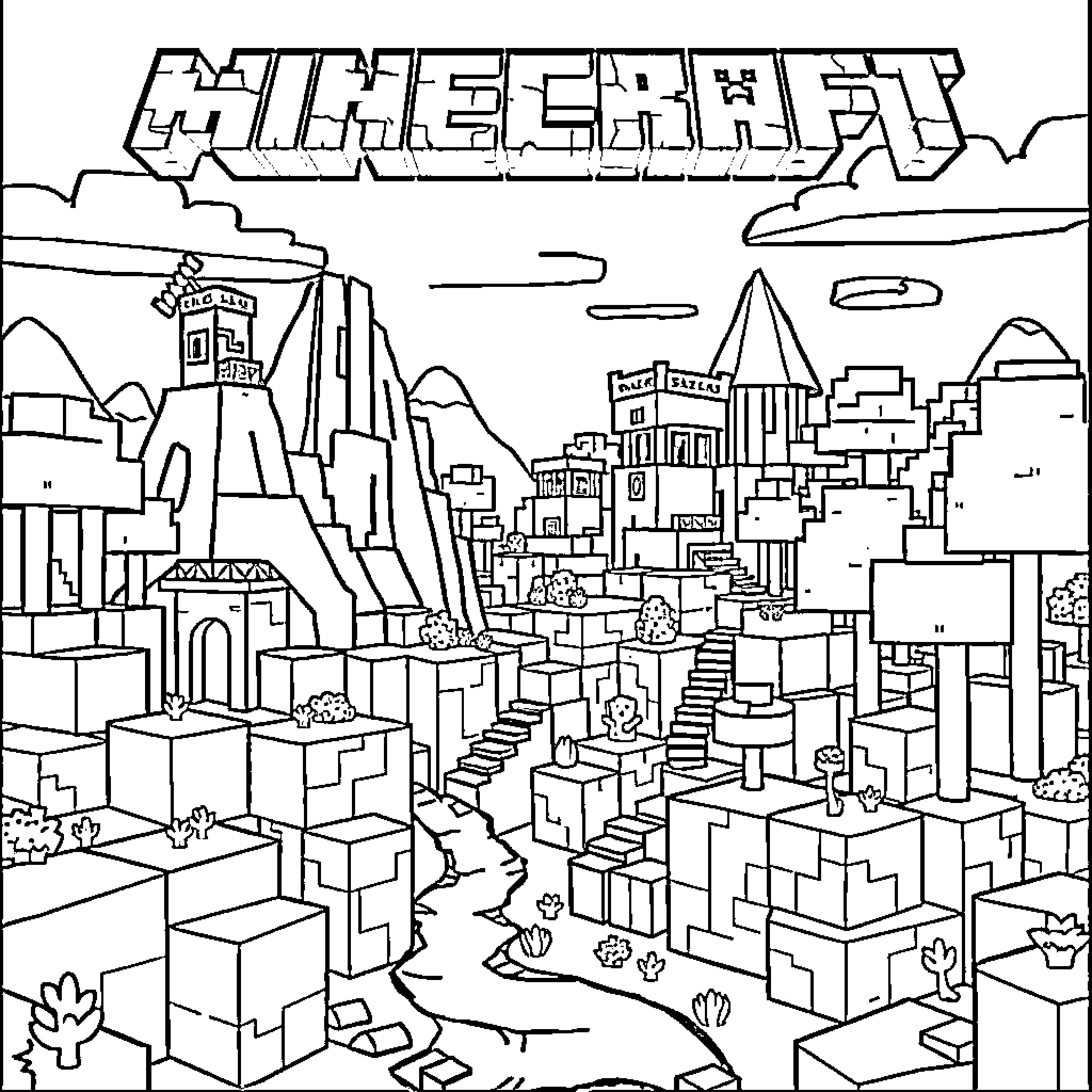 Minecraft Cityscape with Geometric Structures Coloring Page (free black-and-white line drawing printable PDF for all, from beginners to advanced learners, including children, teens, adults, and seniors)