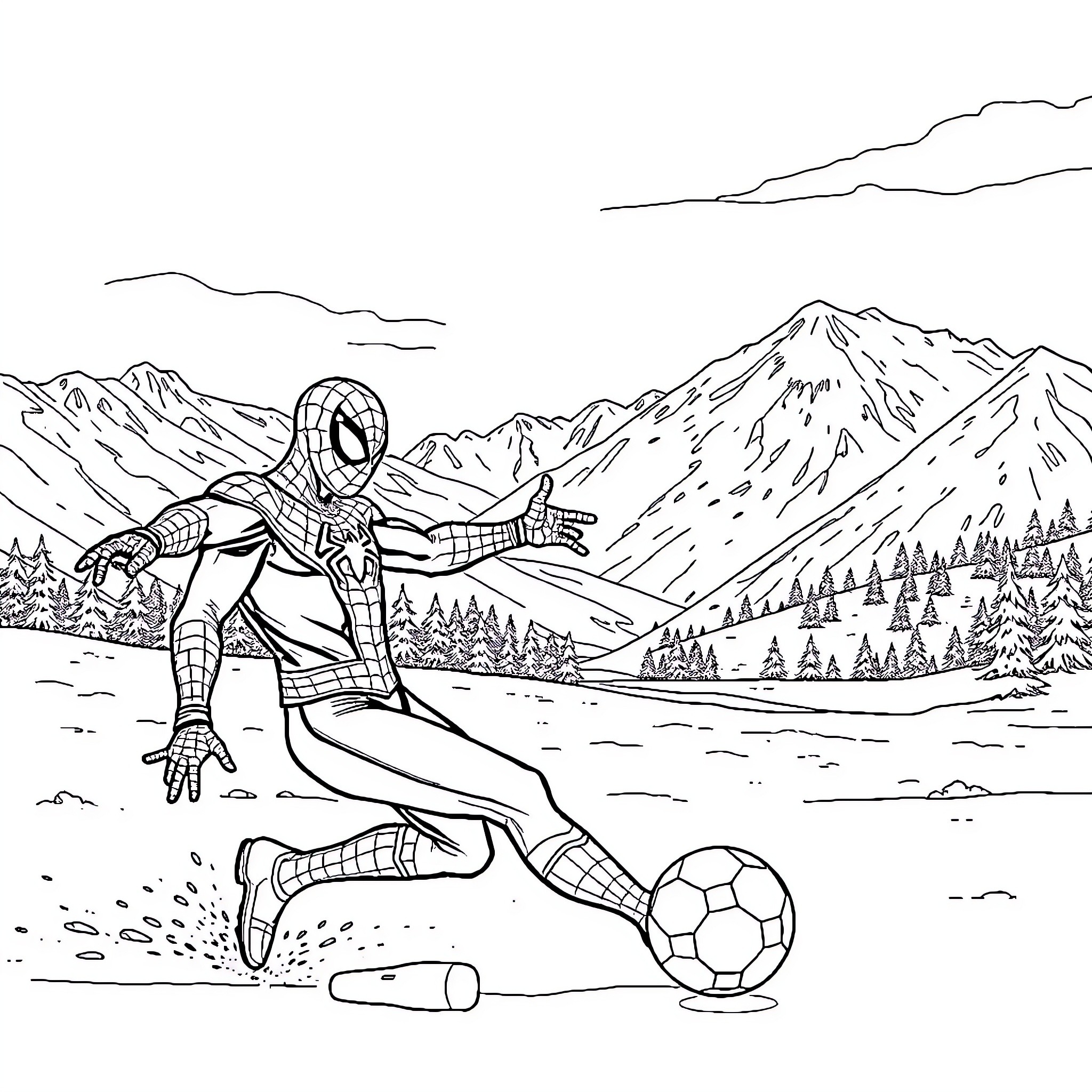 Spiderman playing soccer in the mountains Coloring Page (free black-and-white line drawing printable PDF for all, from beginners to advanced learners, including children, teens, adults, and seniors)